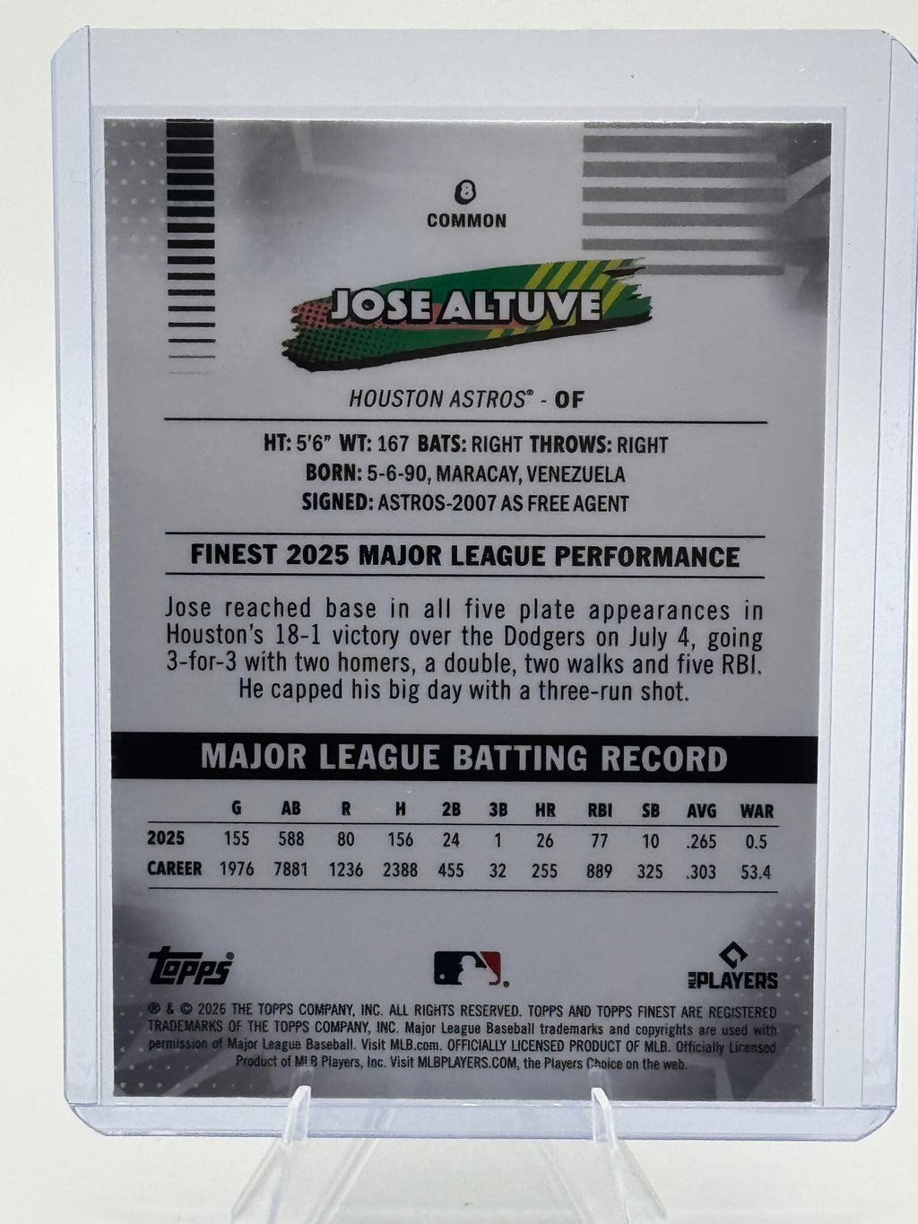 2026 Topps Finest Jose Altuve #8 Common Houston Astros Near Mint or Better