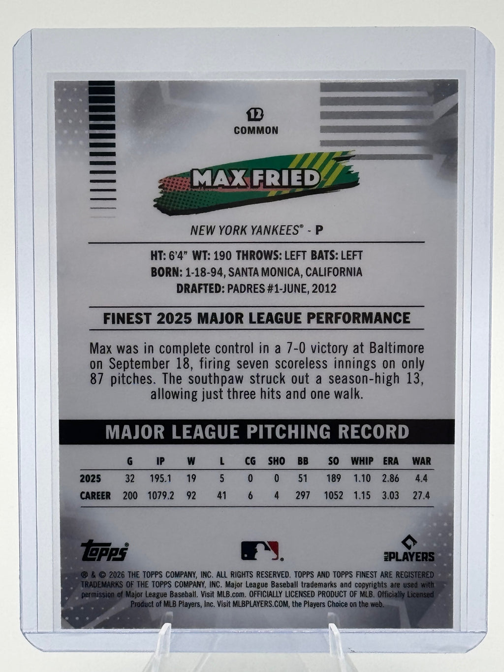 2026 Topps Finest Max Fried #12 Common New York Yankees Near Mint or Better