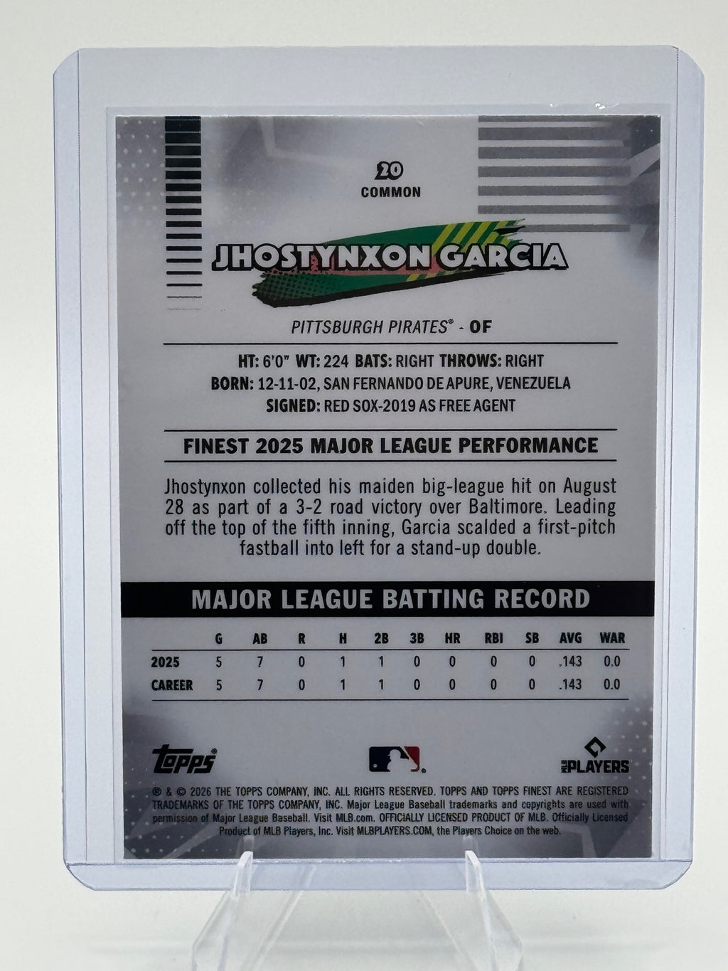 2026 Topps Finest Jhonstynxon Garcia #20 Common Pittsburgh Pirates Near Mint
