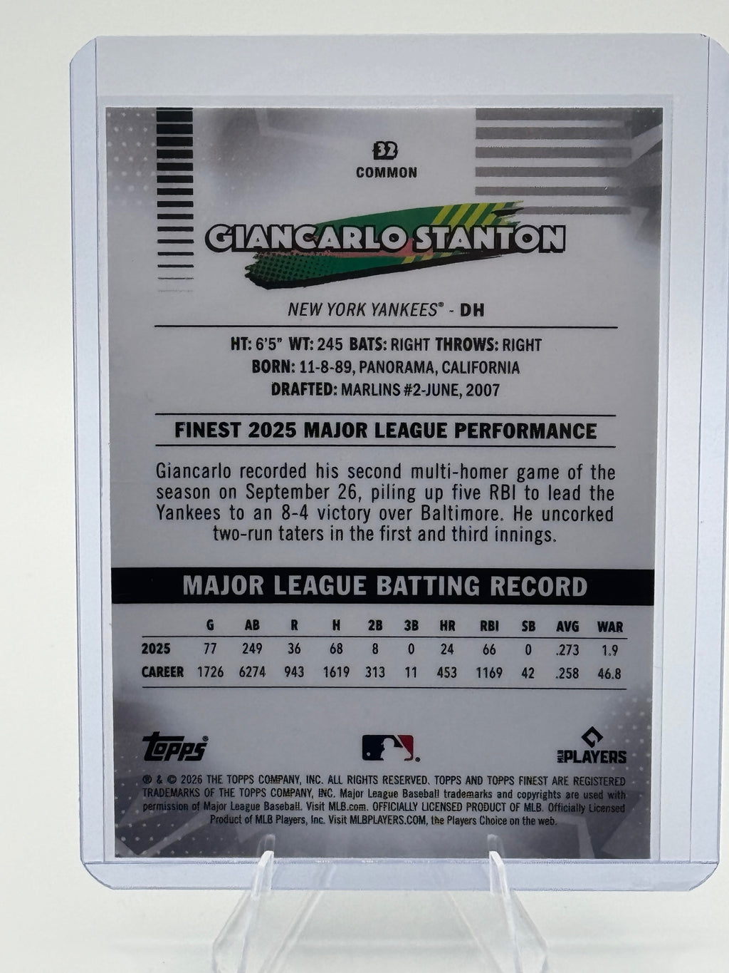 2026 Topps Finest Giancarlo Stanton #32 Common New York Yankees Near Mint