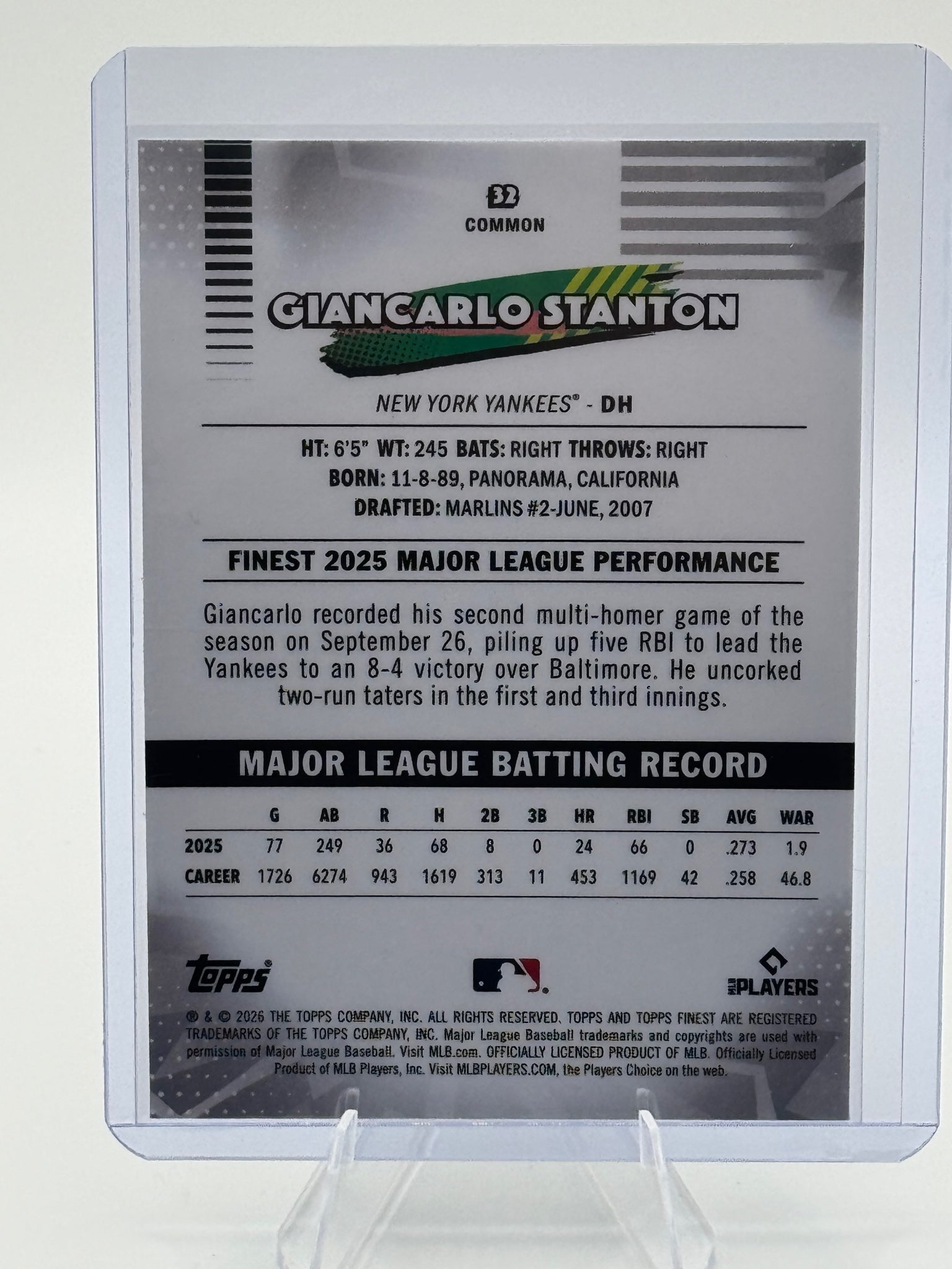 2026 Topps Finest Giancarlo Stanton #32 Common New York Yankees Near Mint