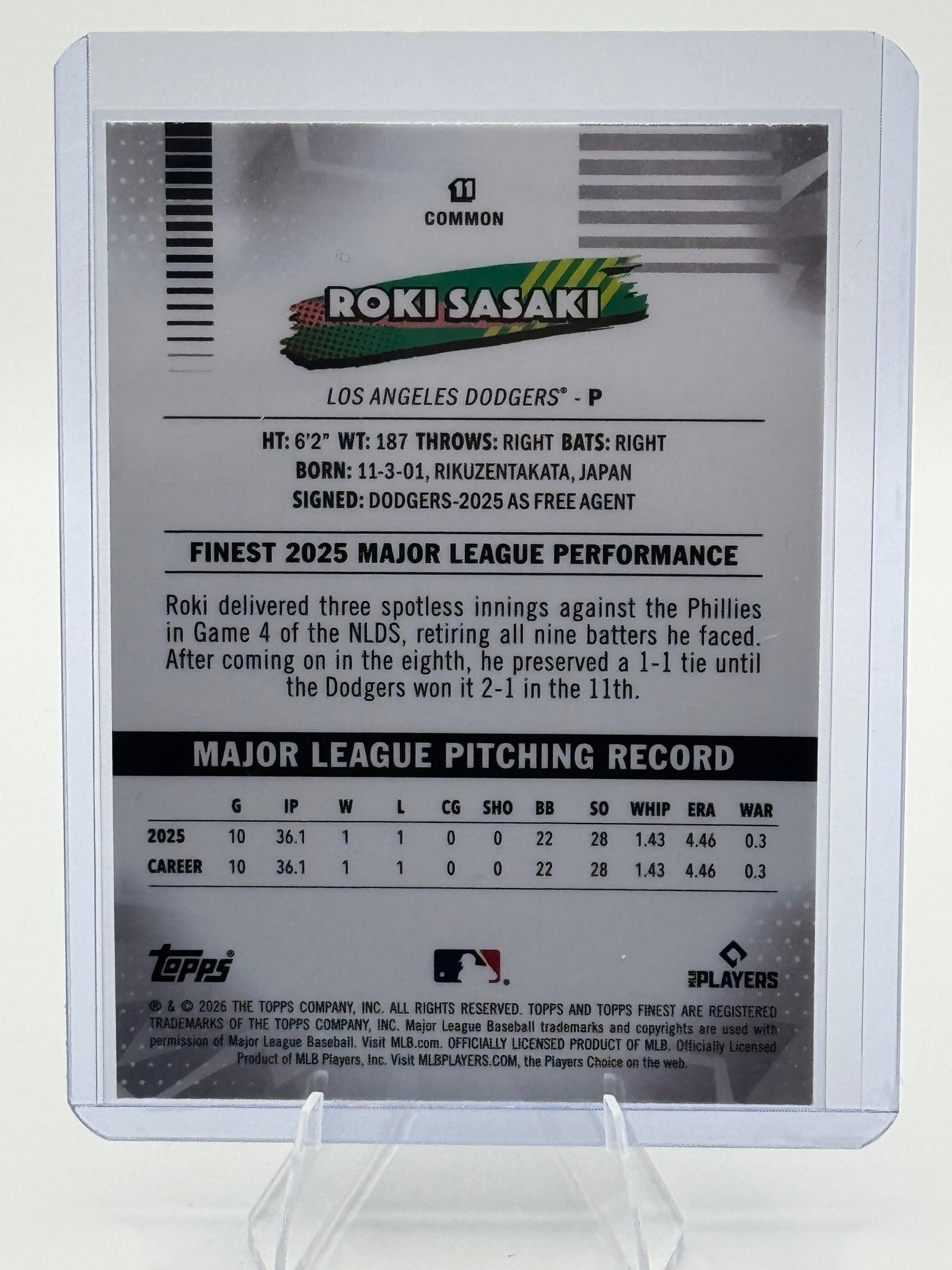 2026 Topps Finest Roki Sasaki #11 Common Los Angeles Dodgers Near Mint