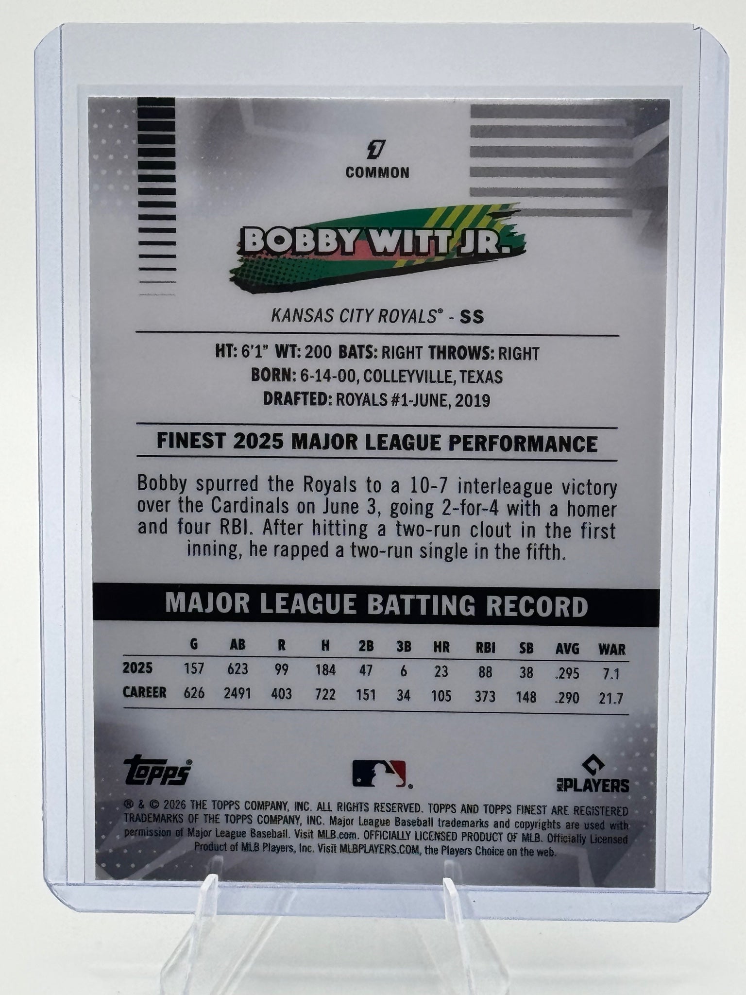 2026 Topps Finest Bobby Witt Jr. #7 Common Kansas City Royals Near Mint