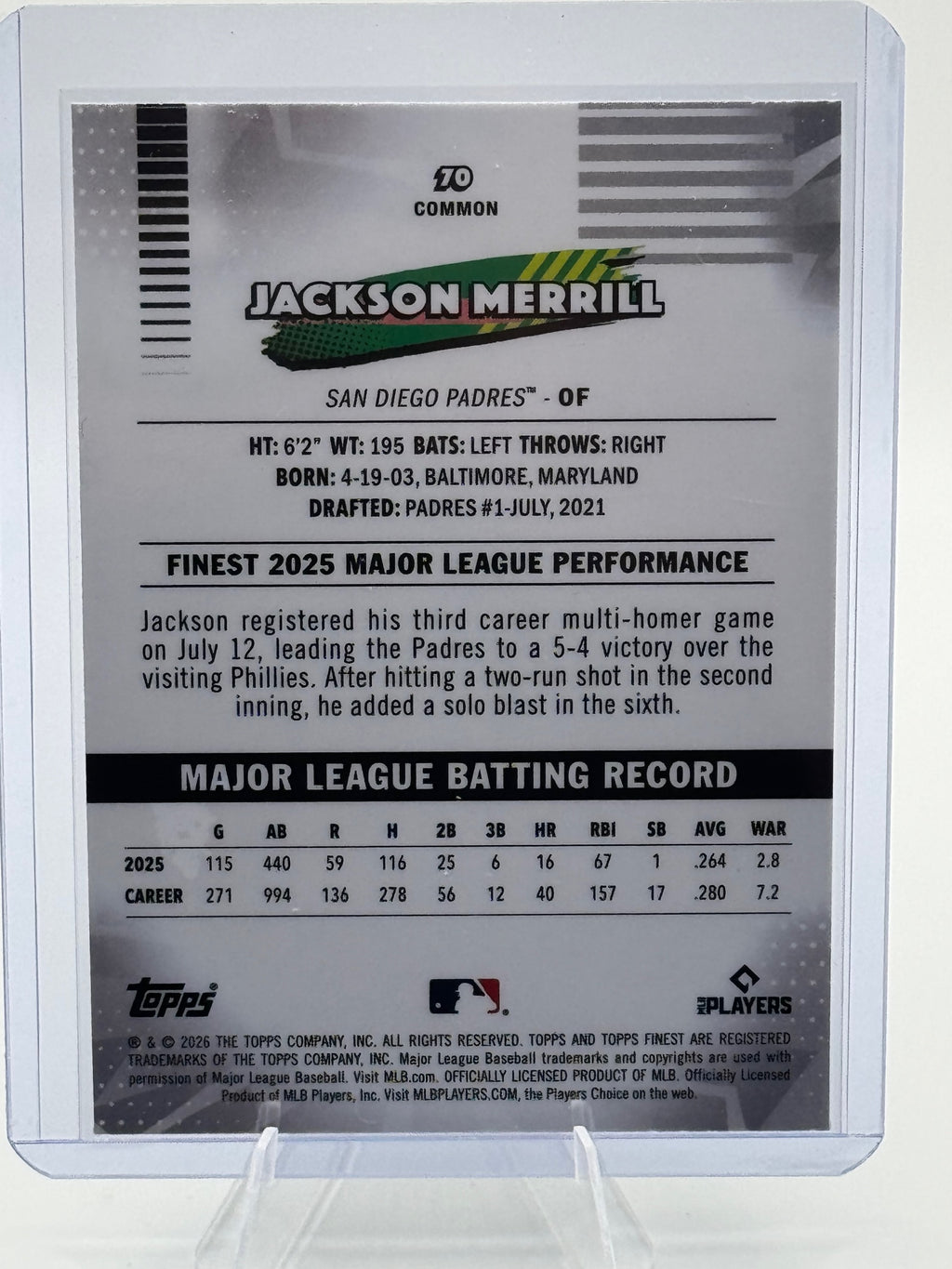2026 Topps Finest Jackson Merrill #70 Common San Diego Padres Near Mint