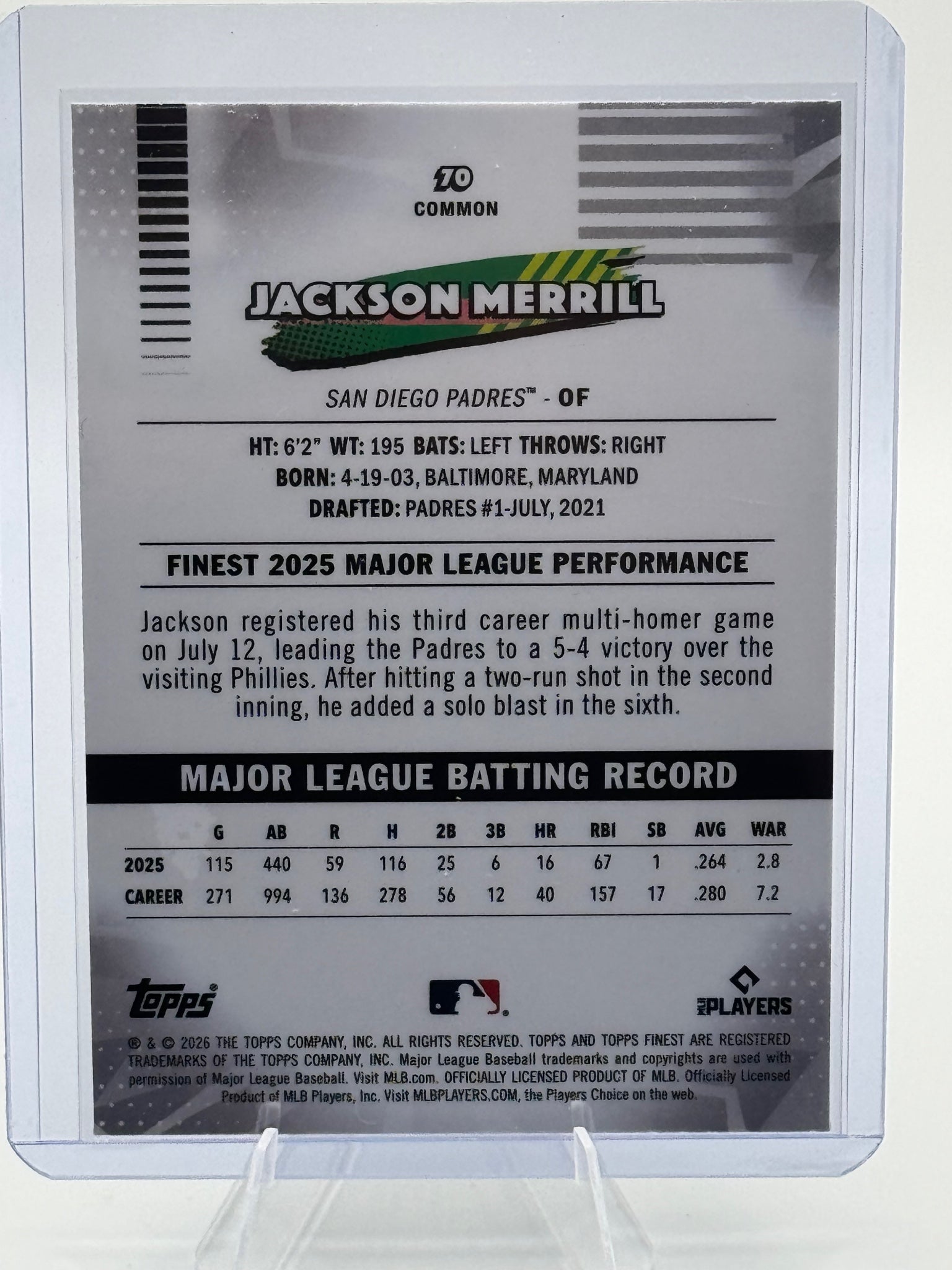 2026 Topps Finest Jackson Merrill #70 Common San Diego Padres Near Mint
