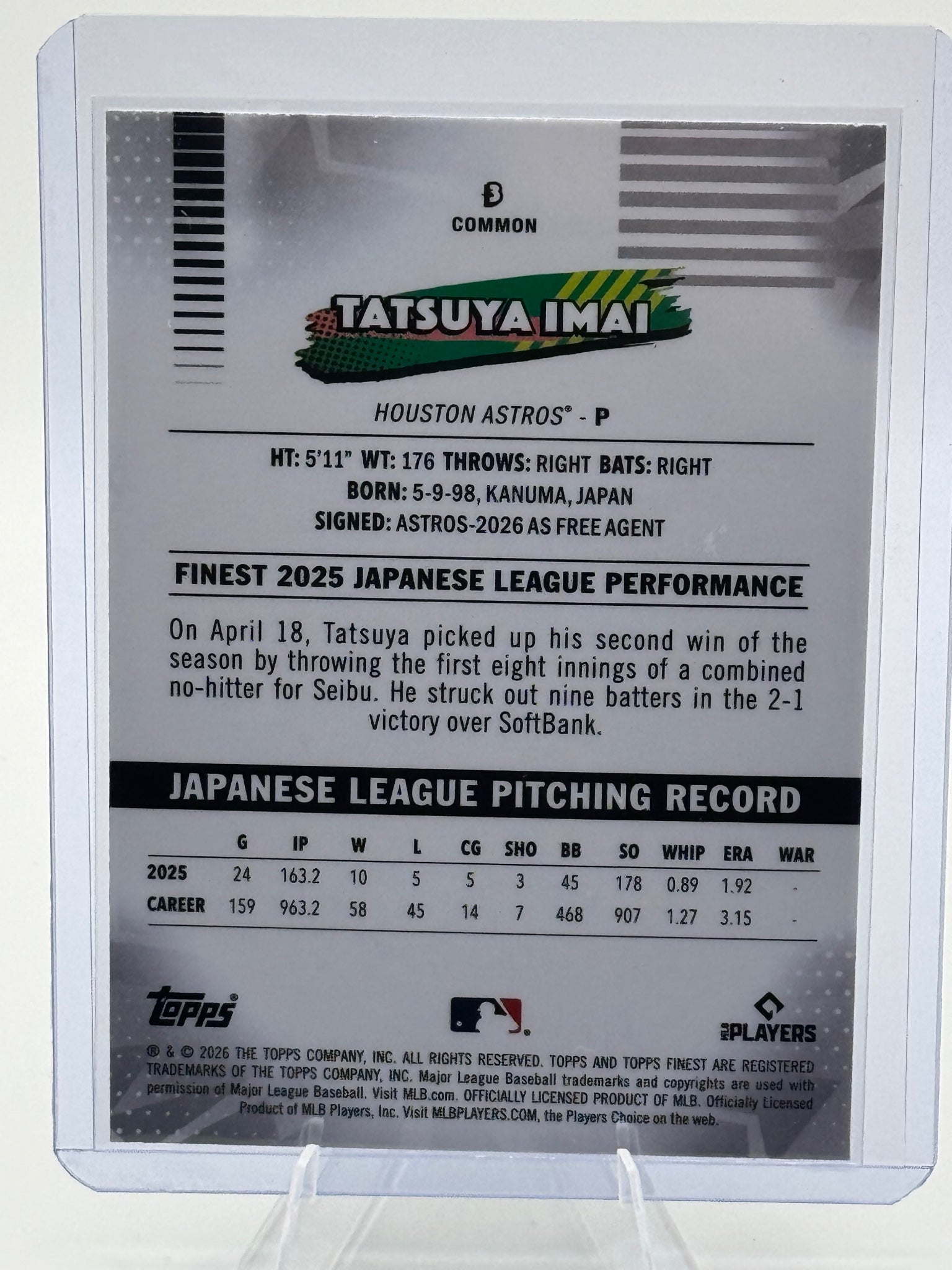 2026 Topps Finest Tatsuya Imai #3 Houston Astros Near Mint