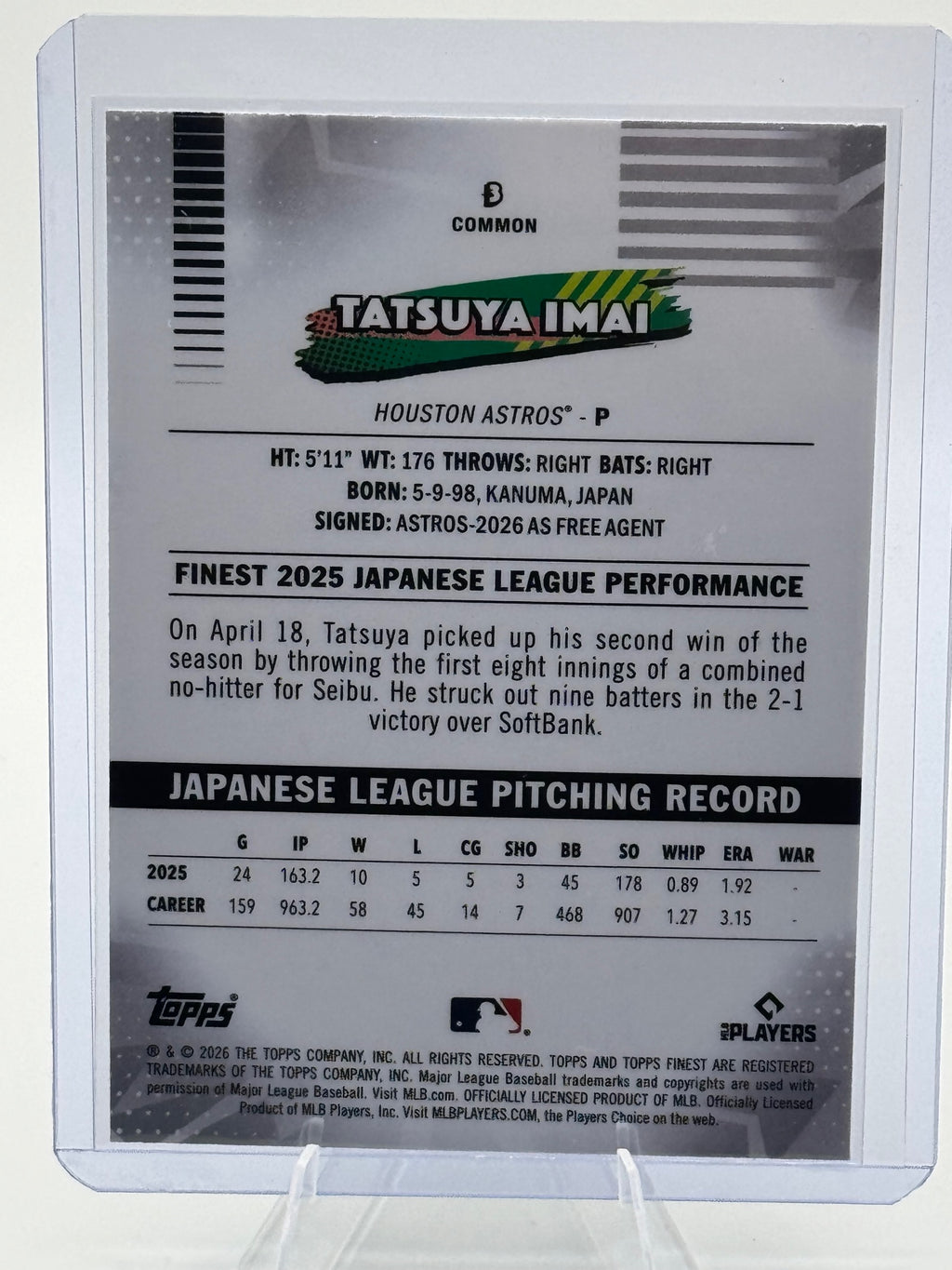 2026 Topps Finest Tatsuya Imai #3 Houston Astros Near Mint