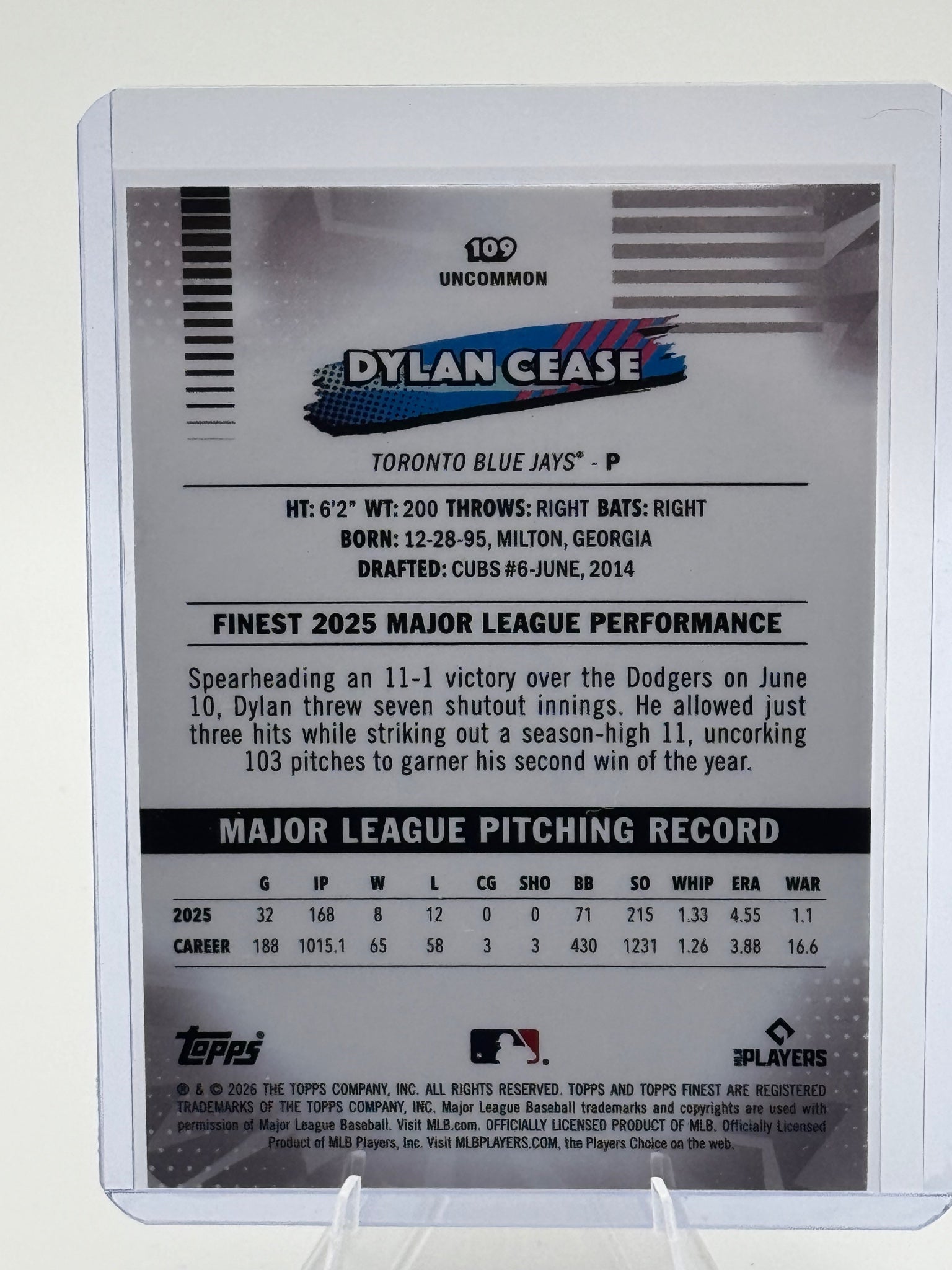 2026 Topps Finest Dylan Cease #109 Uncommon Toronto Blue Jays Near Mint