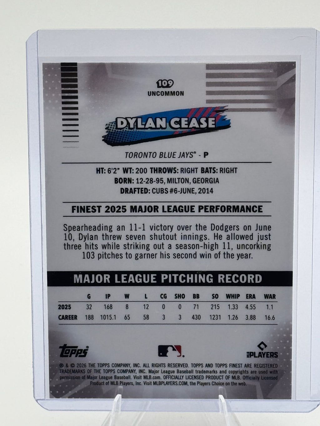 2026 Topps Finest Dylan Cease #109 Uncommon Toronto Blue Jays Near Mint