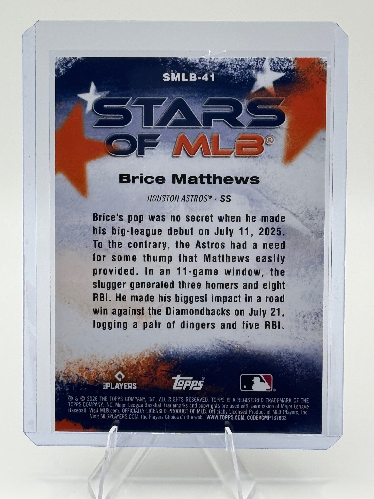 2026 Topps Brice Matthews #SMLB-41 Stars of MLB Houston Astros Near Mint