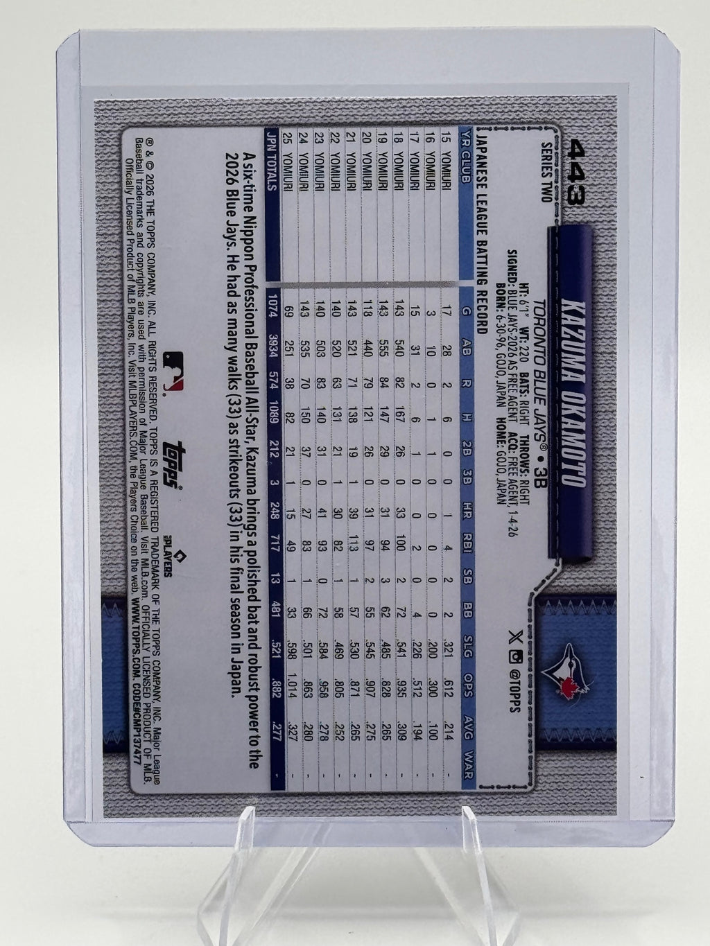 2026 Topps Kazuma Okamoto #443 Toronto Blue Jays Near Mint or Better