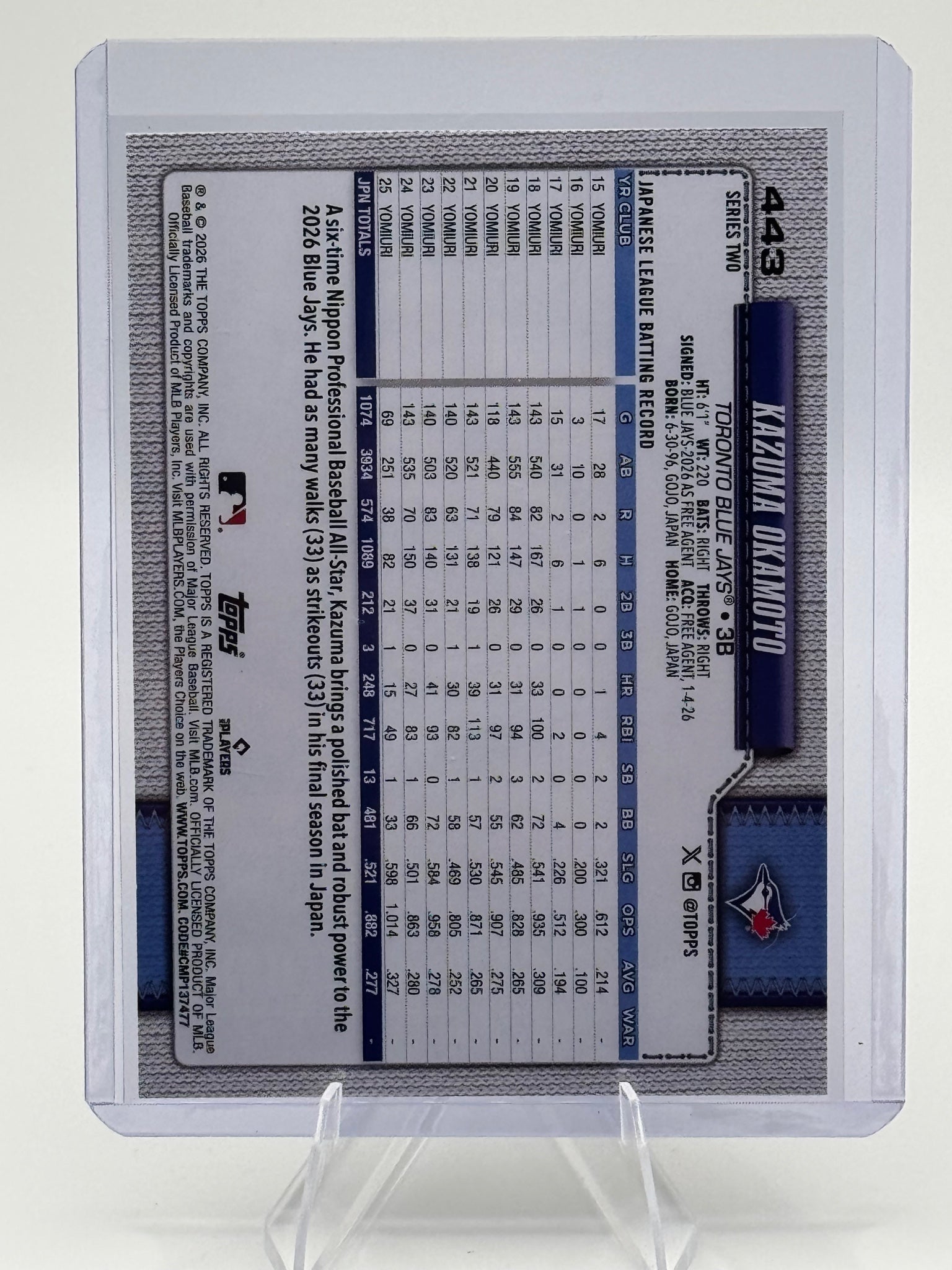 2026 Topps Kazuma Okamoto #443 Toronto Blue Jays Near Mint or Better