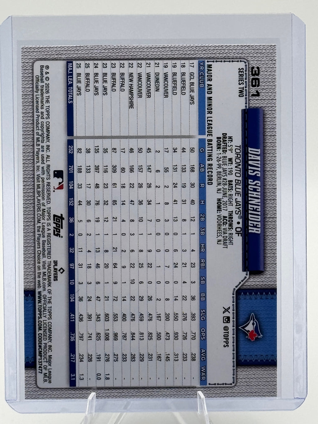 2026 Topps Davis Schneider #361 Holo Foil Toronto Blue Jays Near Mint or Better