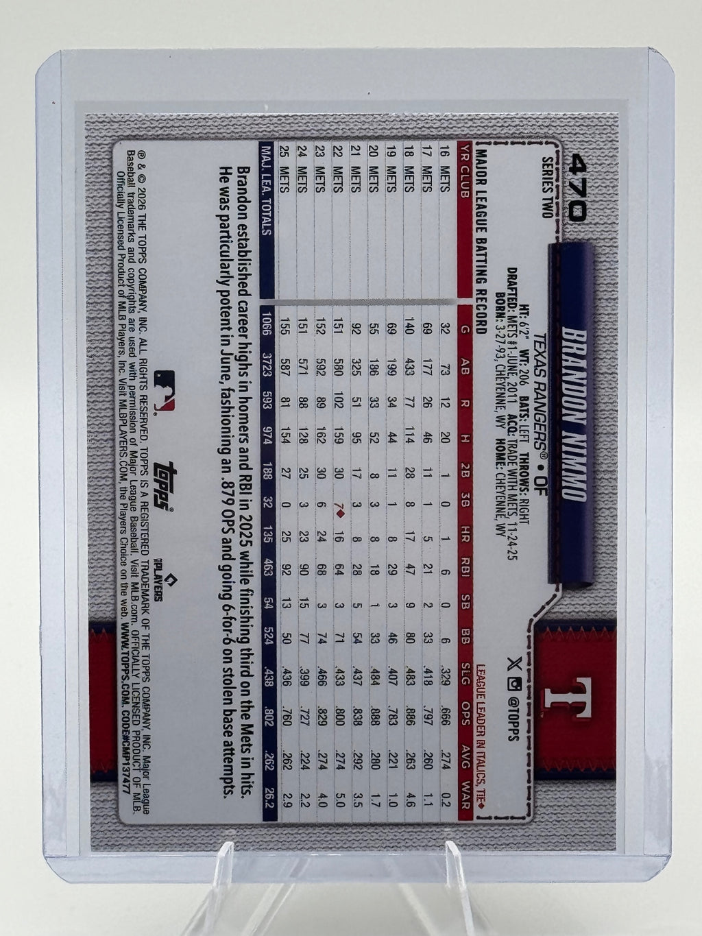 2026 Topps Brandon Nimmo #470 Holo Foil Texas Rangers Near Mint or Better