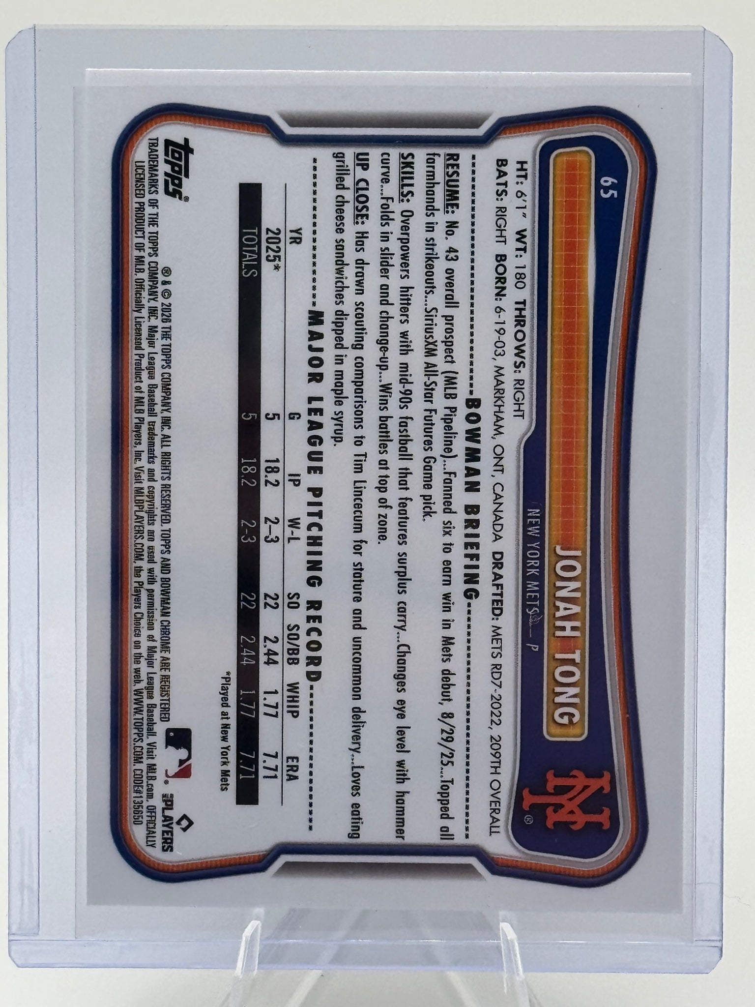 2026 Bowman Jonah Tong #65 Rookie Red RC Logo New York Mets Near Mint or Better