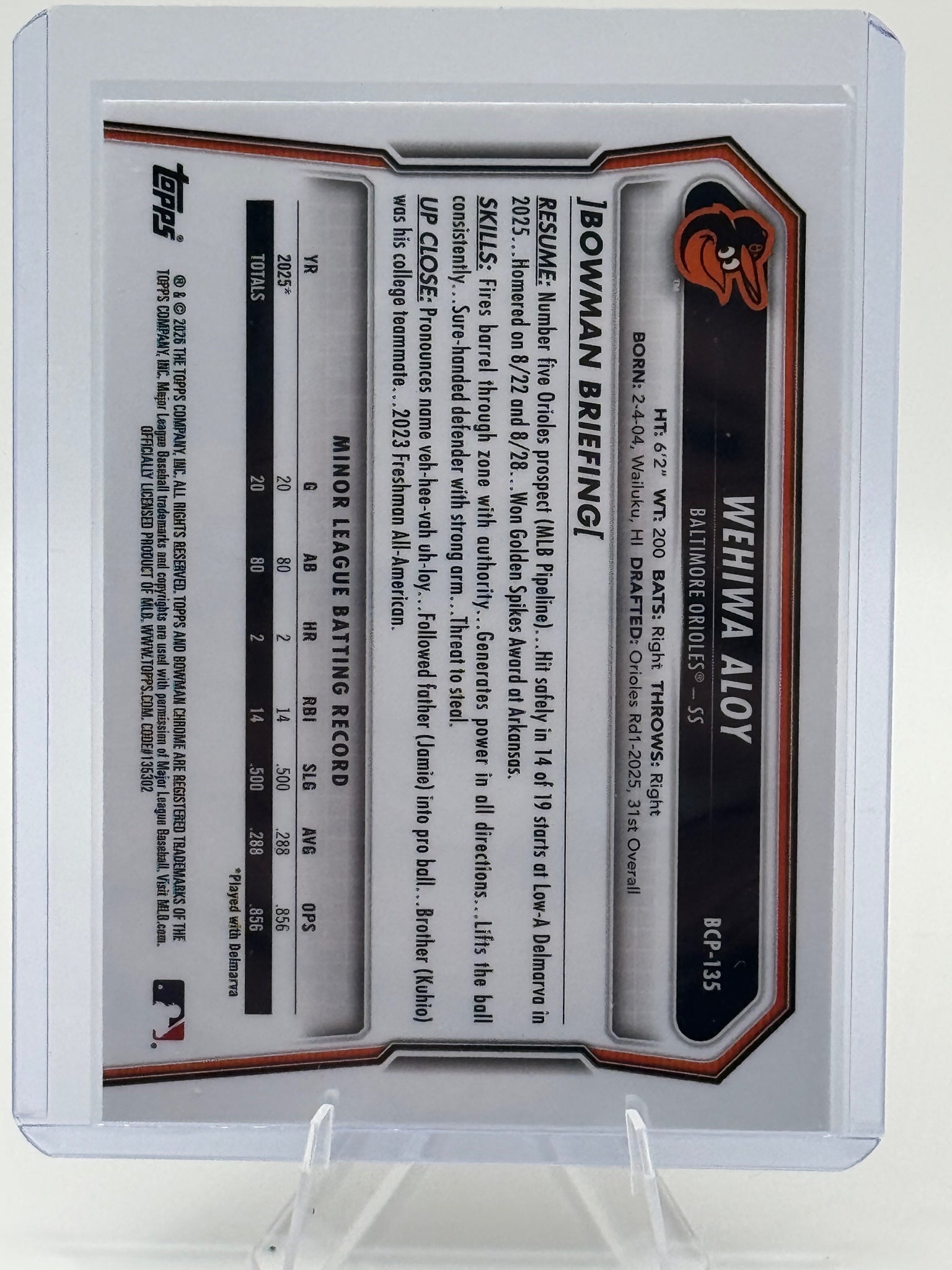 2026 Bowman Wehiwa Aloy #BCP-135 Chrome Prospects Baltimore Orioles Near Mint
