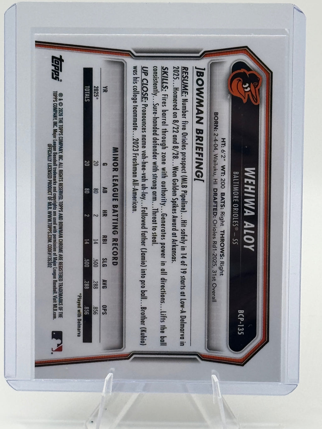2026 Bowman Wehiwa Aloy #BCP-135 Chrome Prospects Baltimore Orioles Near Mint