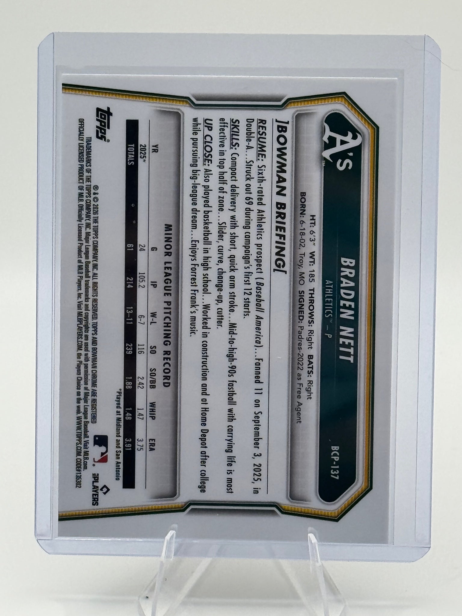 2026 Bowman Braden Nett #BCP-137 Chrome Prospects Athletics Near Mint or Better