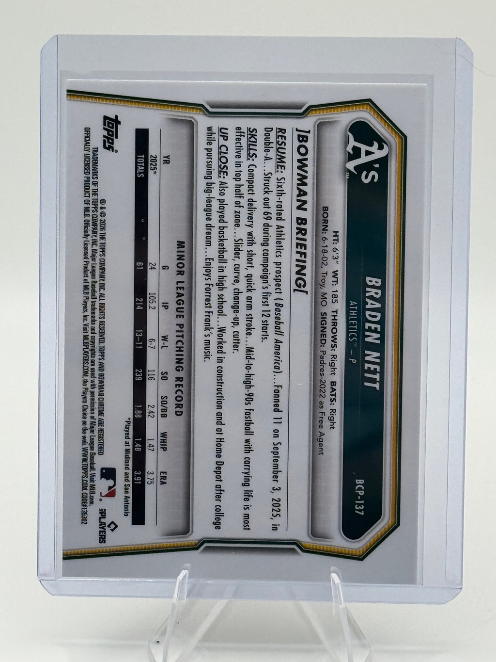 2026 Bowman Braden Nett #BCP-137 Chrome Prospects Athletics Near Mint or Better