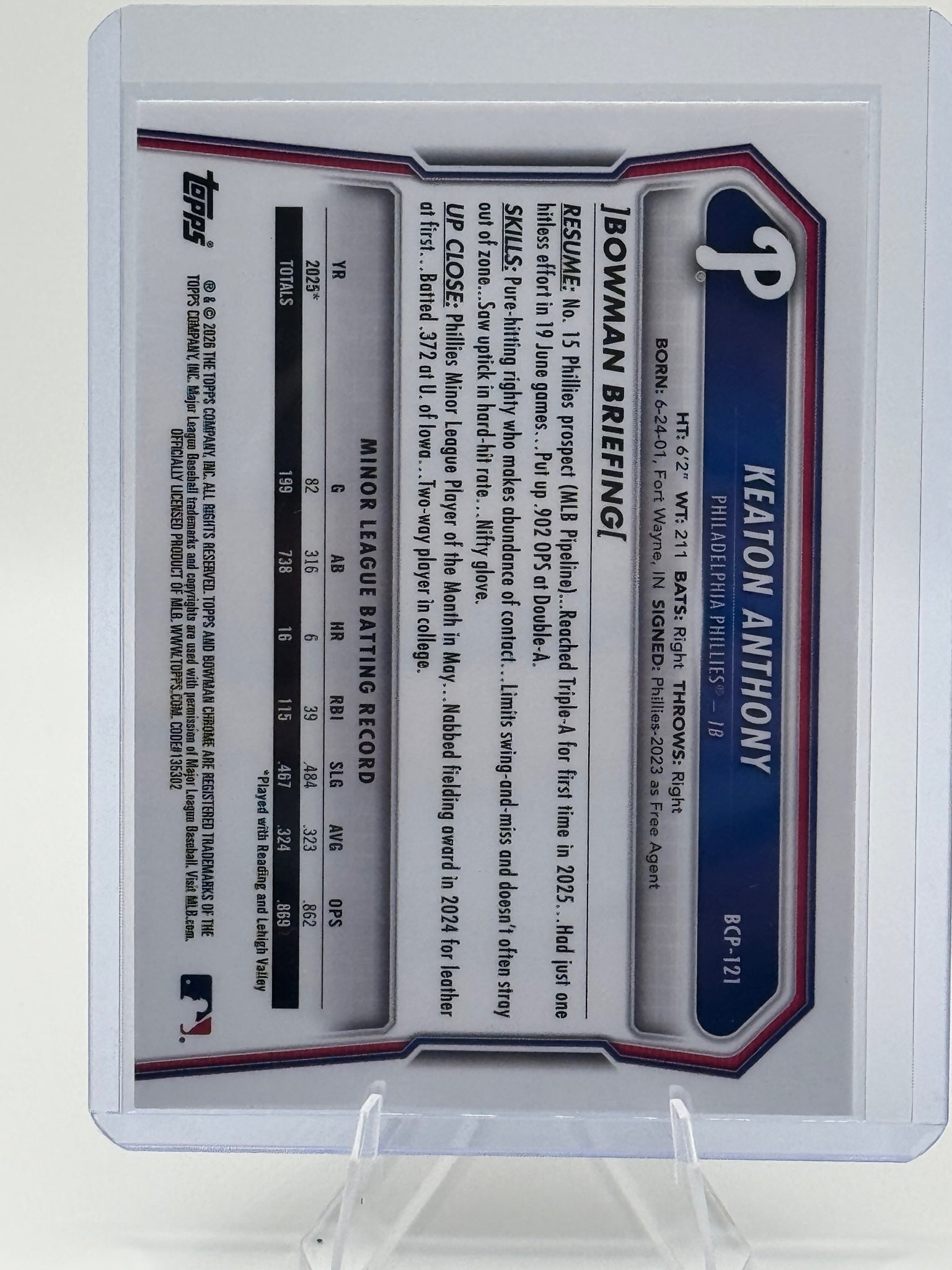 2026 Bowman Keaton Anthony #BCP-121 Chrome Prospects Philadelphia Phillies NM