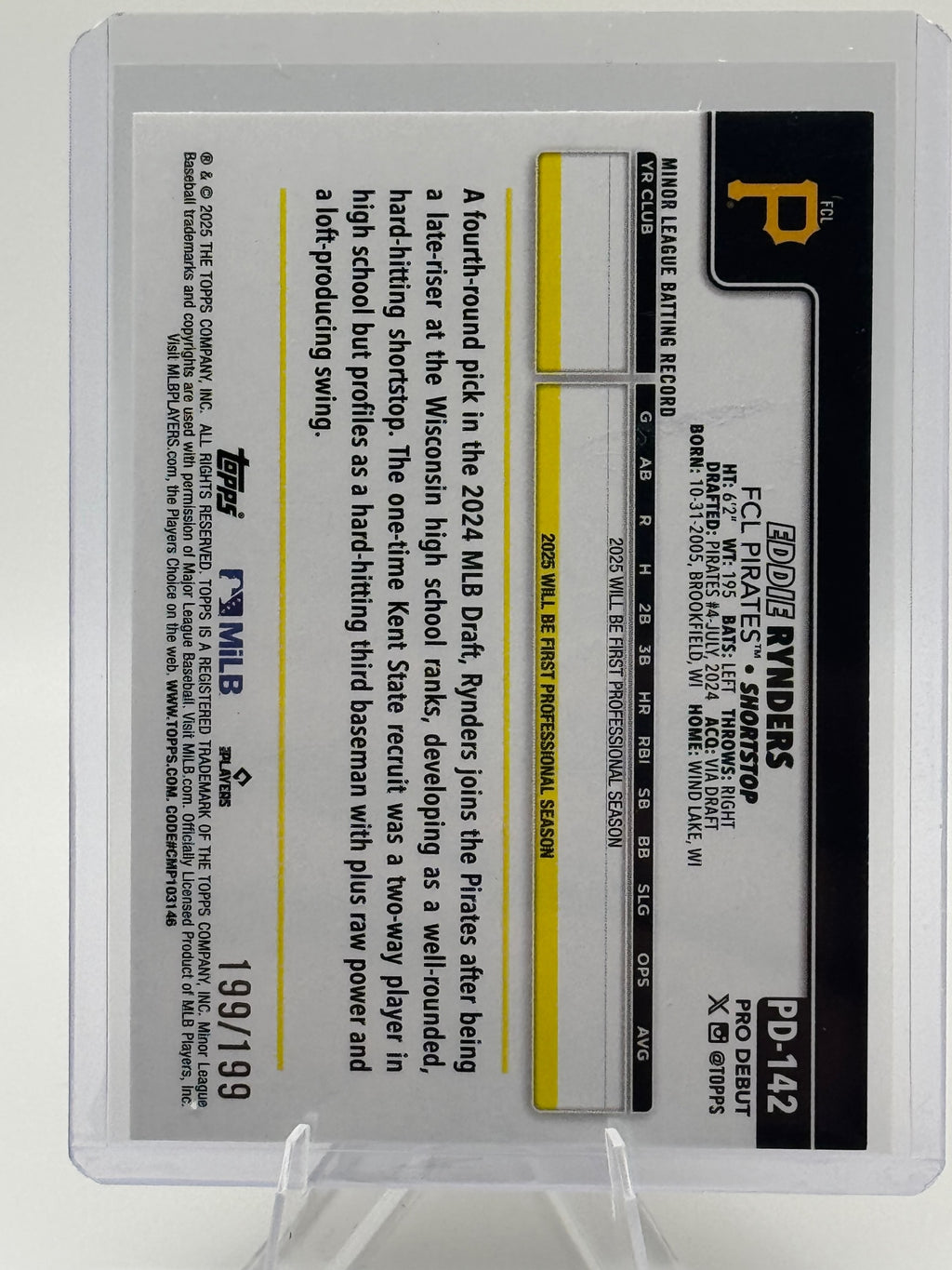 2025 Topps Pro Debut Eddie Rynders #PD-142 Fuchsia 199/199 Pirates NM