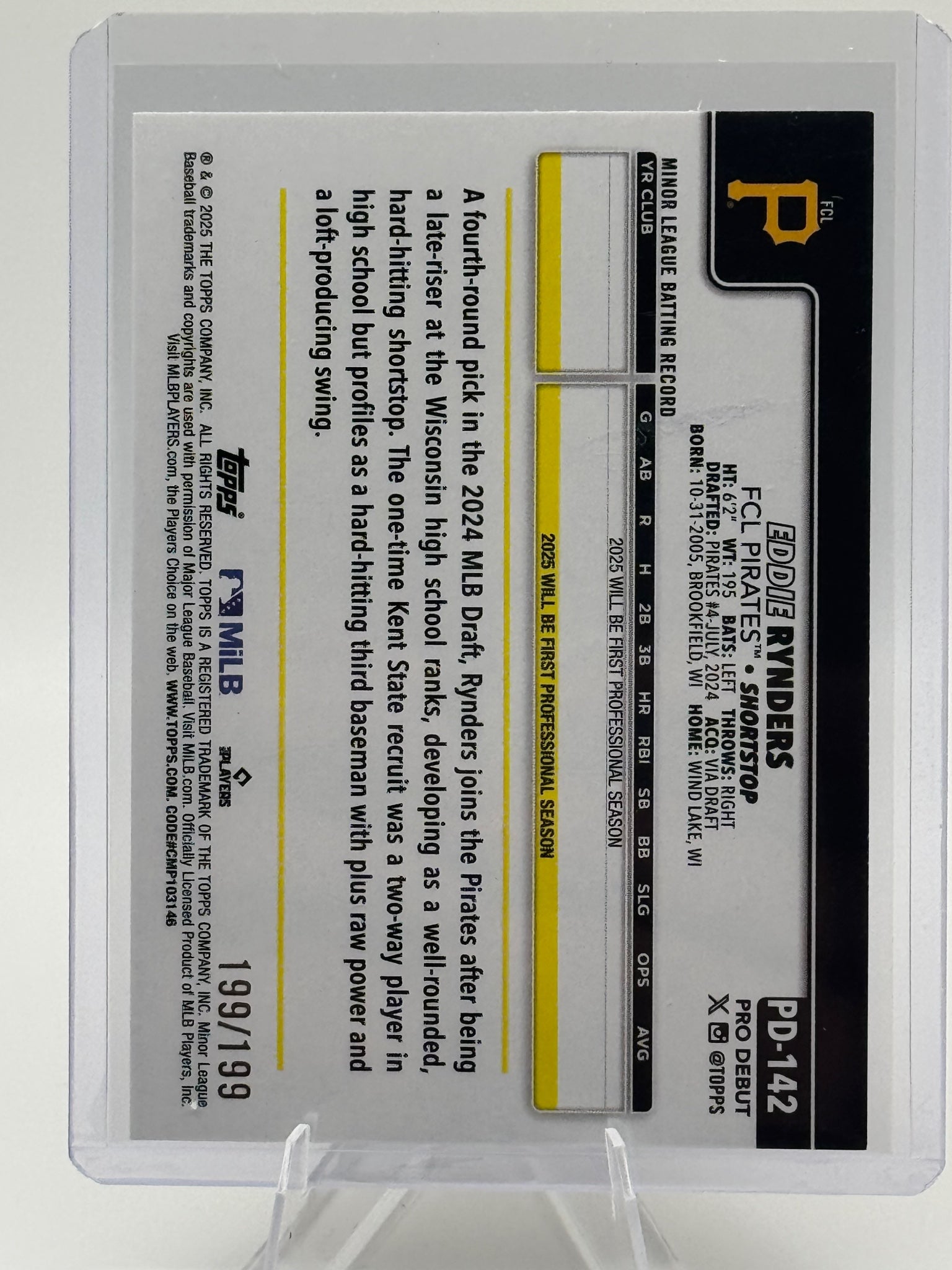 2025 Topps Pro Debut Eddie Rynders #PD-142 Fuchsia 199/199 Pirates NM