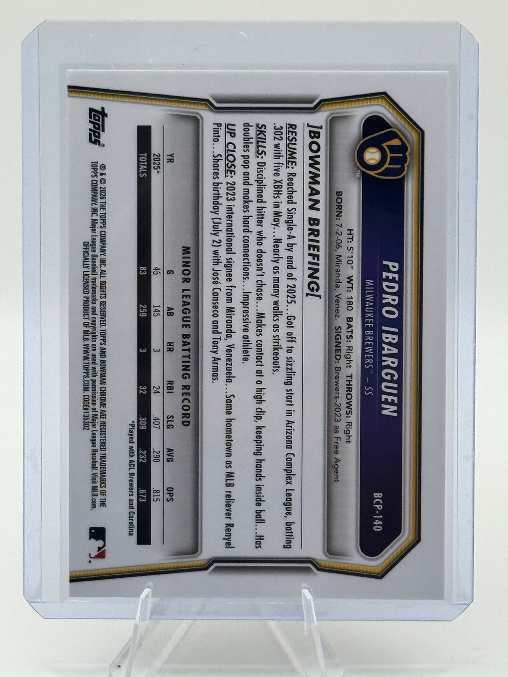 2026 Bowman Pedro Ibarguen #BCP-140 Chrome Prospects Milwaukee Brewers Near Mint