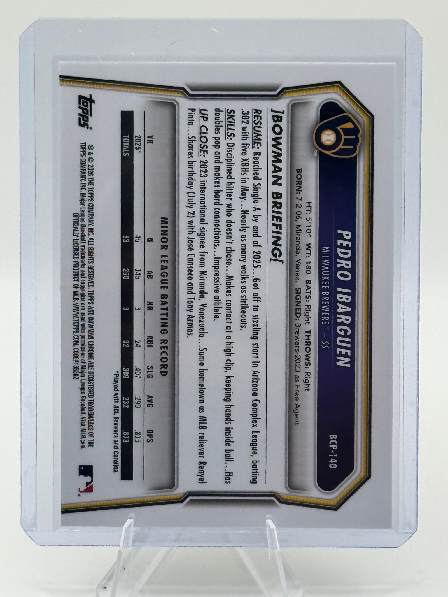 2026 Bowman Pedro Ibarguen #BCP-140 Chrome Prospects Milwaukee Brewers Near Mint