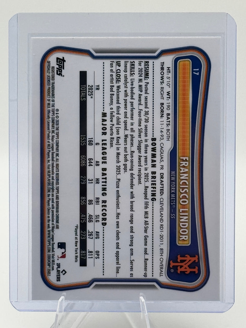 2026 Bowman Francisco Lindor #17 Chrome Mojo Refractors New York Mets Near Mint