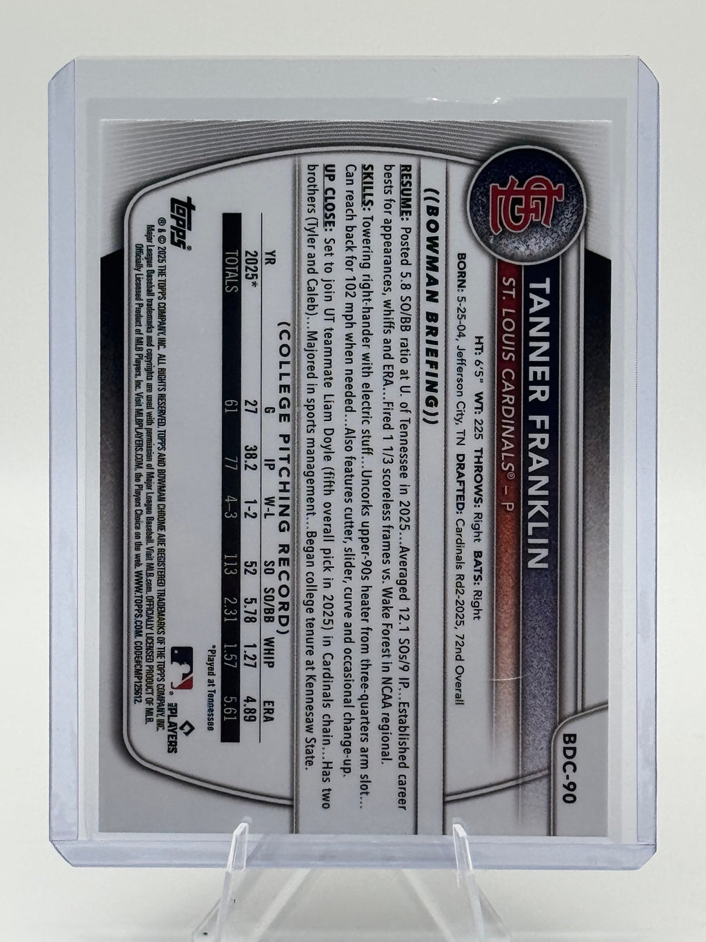 2025 Bowman Draft Tanner Franklin #BDC-90 Chrome St. Louis Cardinals Near Mint