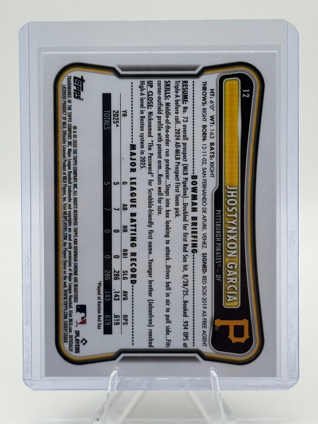 2026 Bowman Jhostynxon Garcia #12 Red RC Logo Pirates NM