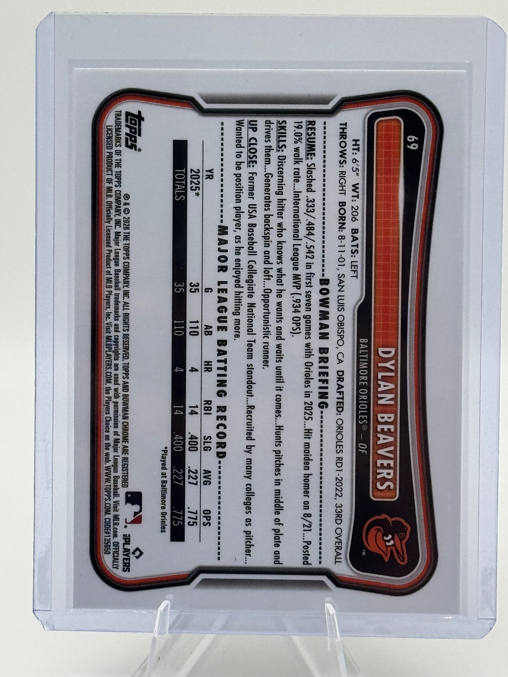 2026 Bowman Dylan Beavers #69 Rookie Red RC Logo Baltimore Orioles Near Mint
