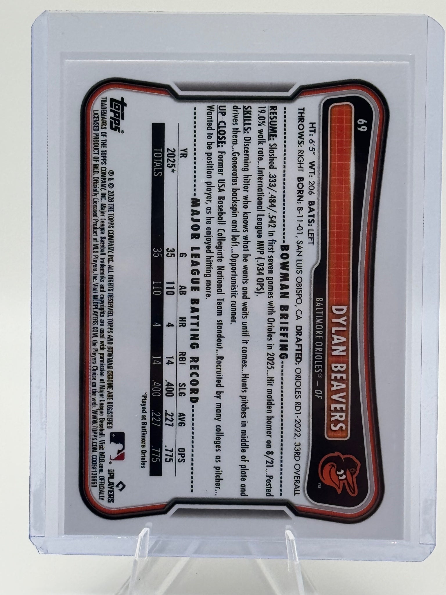 2026 Bowman Dylan Beavers #69 Rookie Red RC Logo Baltimore Orioles Near Mint