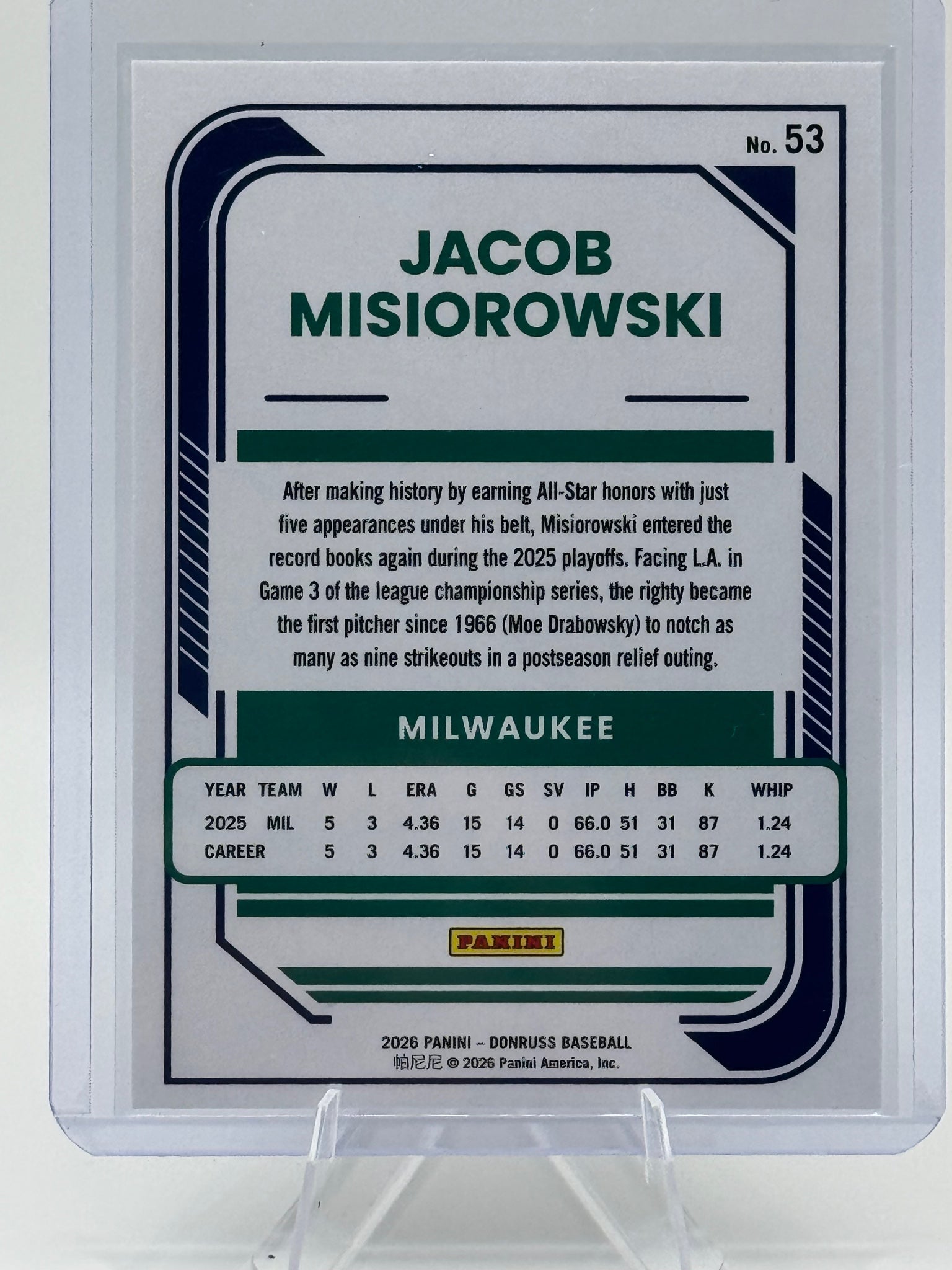 2026 Donruss Jacob Misiorowski #53 Milwaukee Brewers Near Mint or Better