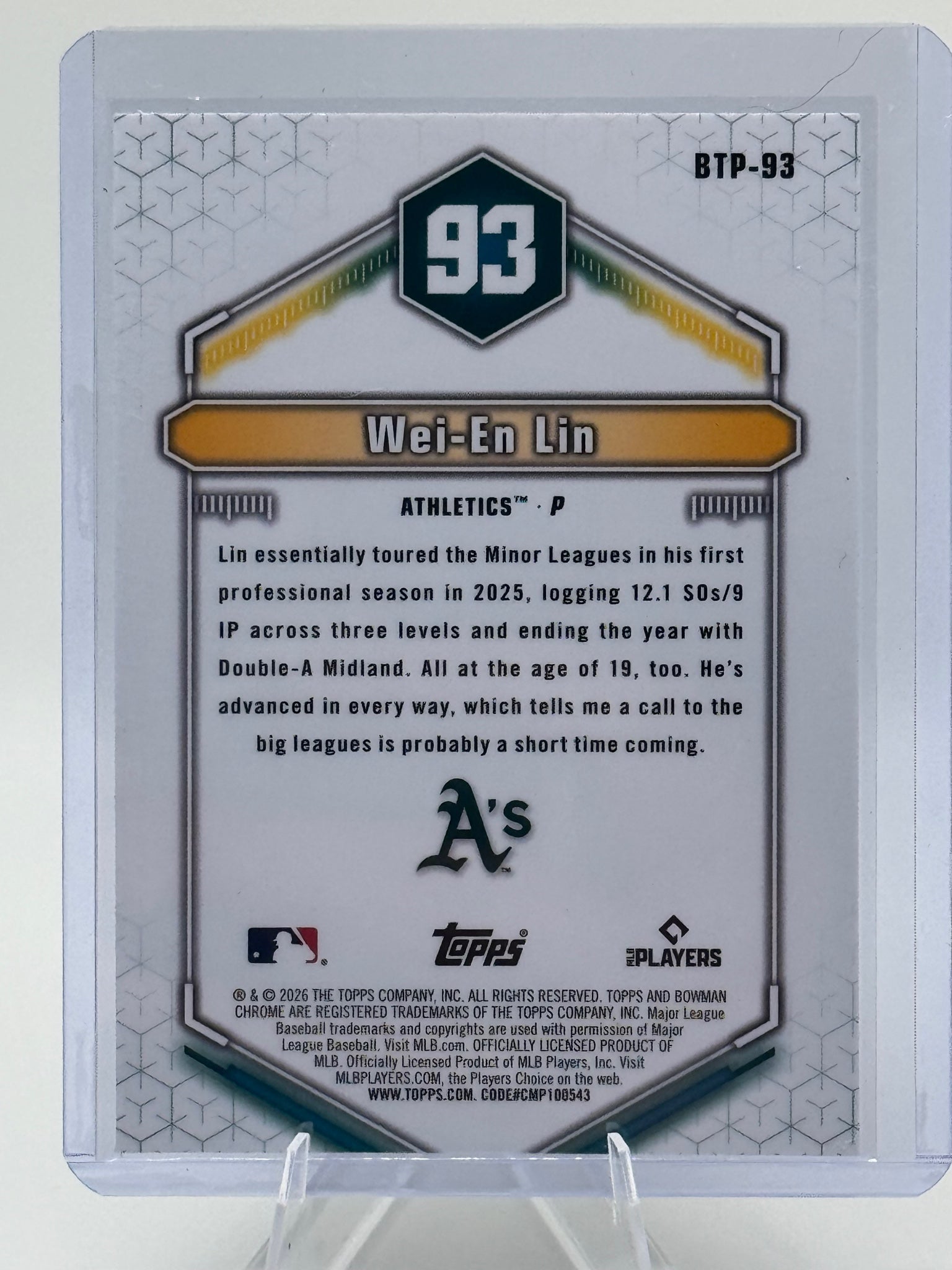 2026 Bowman Wei-En Lin #BTP-93 Bowman Scouts' Top 100 Athletics Near Mint
