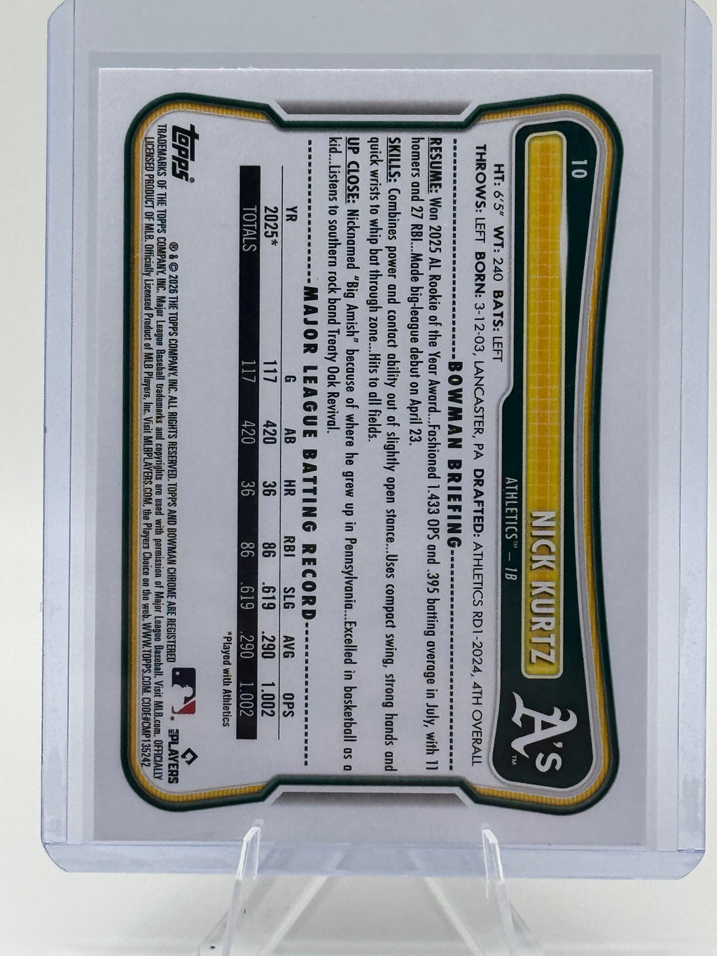 2026 Bowman Nick Kurtz #10 Athletics Near Mint or Better