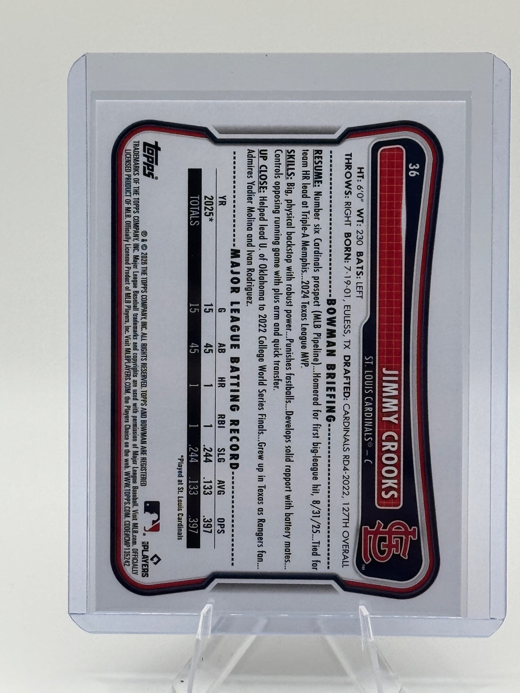 2026 Bowman Jimmy Crooks #36 St. Louis Cardinals Near Mint or Better