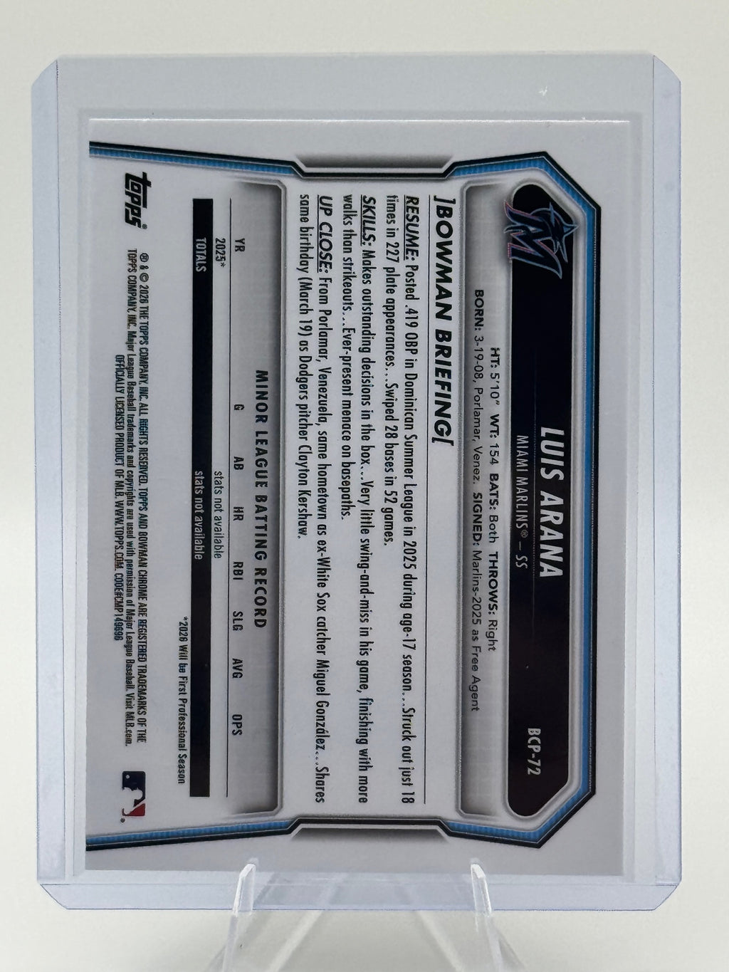 2026 Bowman Luis Arana #BCP-72 Chrome Prospects Mojo Refractor Miami Marlins NM