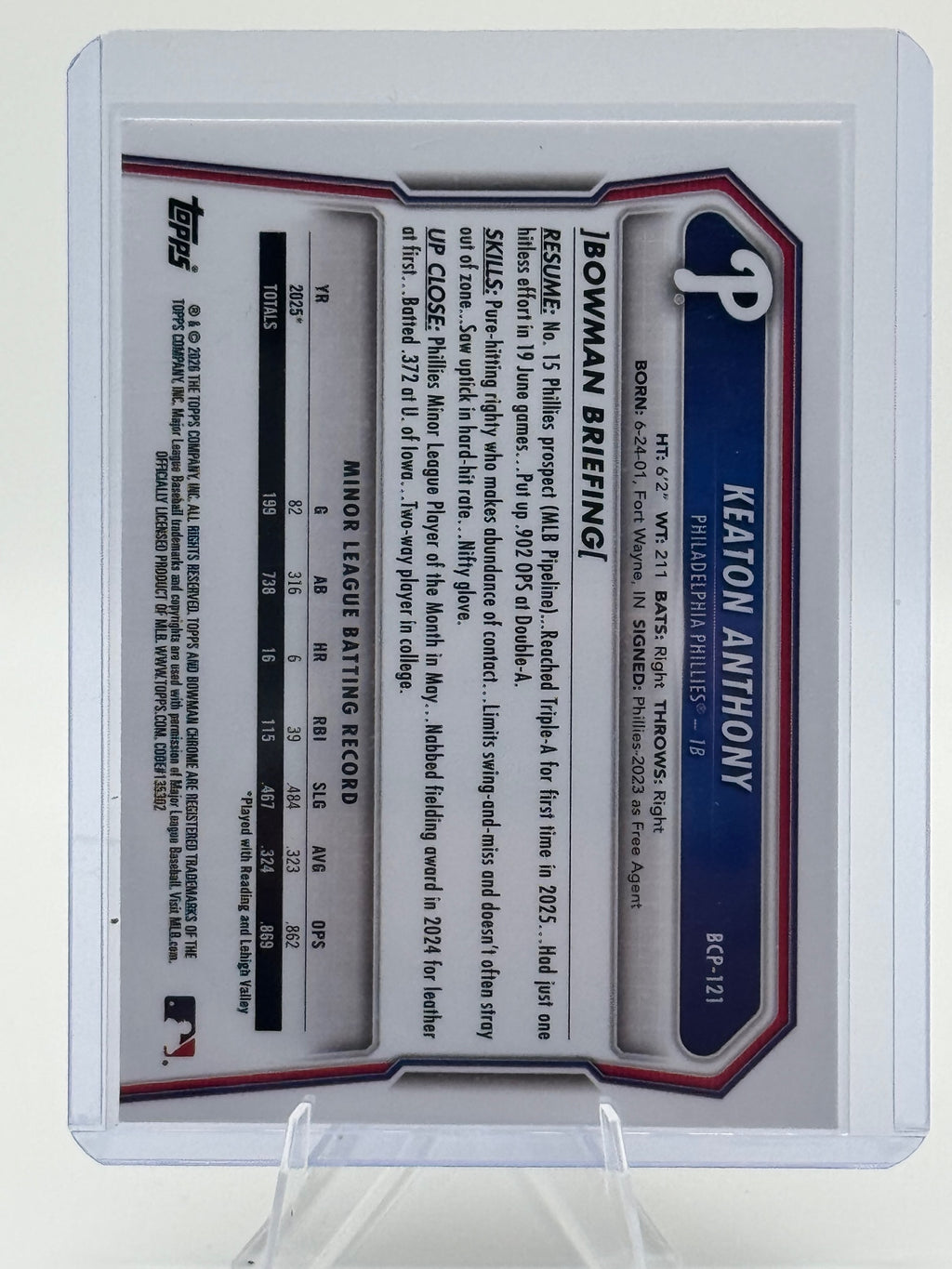 2026 Bowman Keaton Anthony #BCP-121 Chrome Prospects Philadelphia Phillies NM