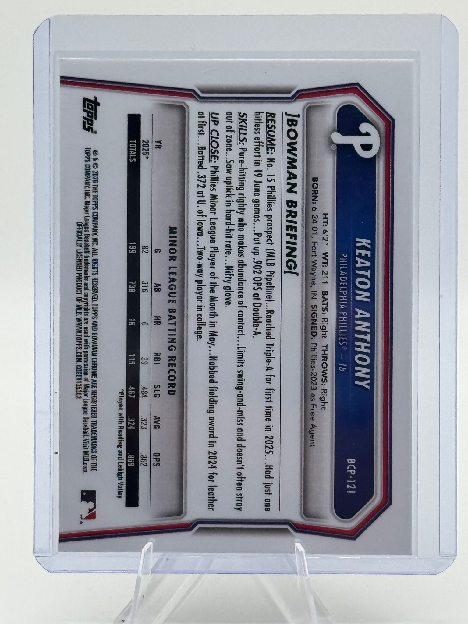2026 Bowman Keaton Anthony #BCP-121 Chrome Prospects Philadelphia Phillies NM