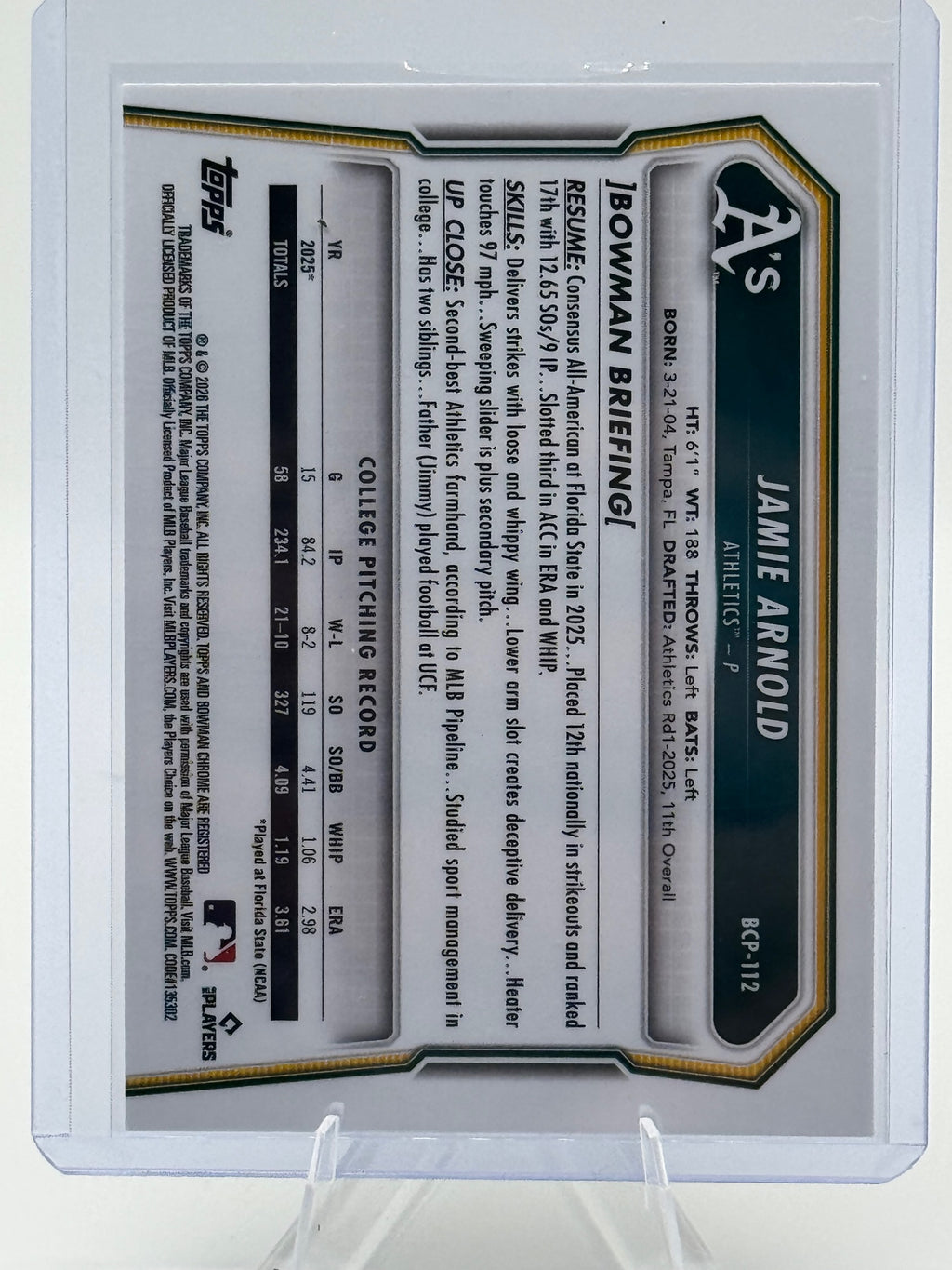 2026 Bowman Jamie Arnold #BCP-112 Chrome Prospects Athletics Near Mint or Better