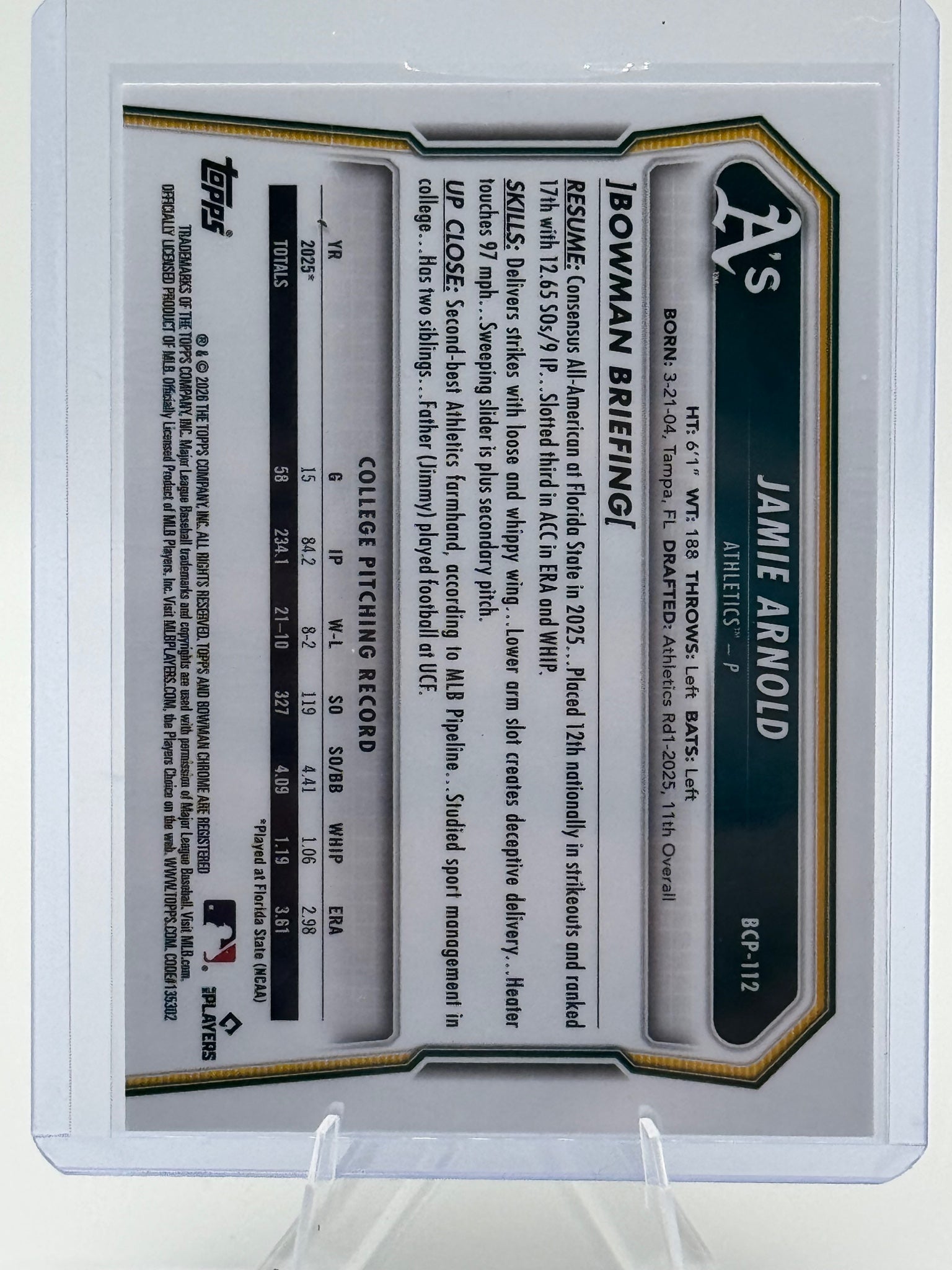 2026 Bowman Jamie Arnold #BCP-112 Chrome Prospects Athletics Near Mint or Better