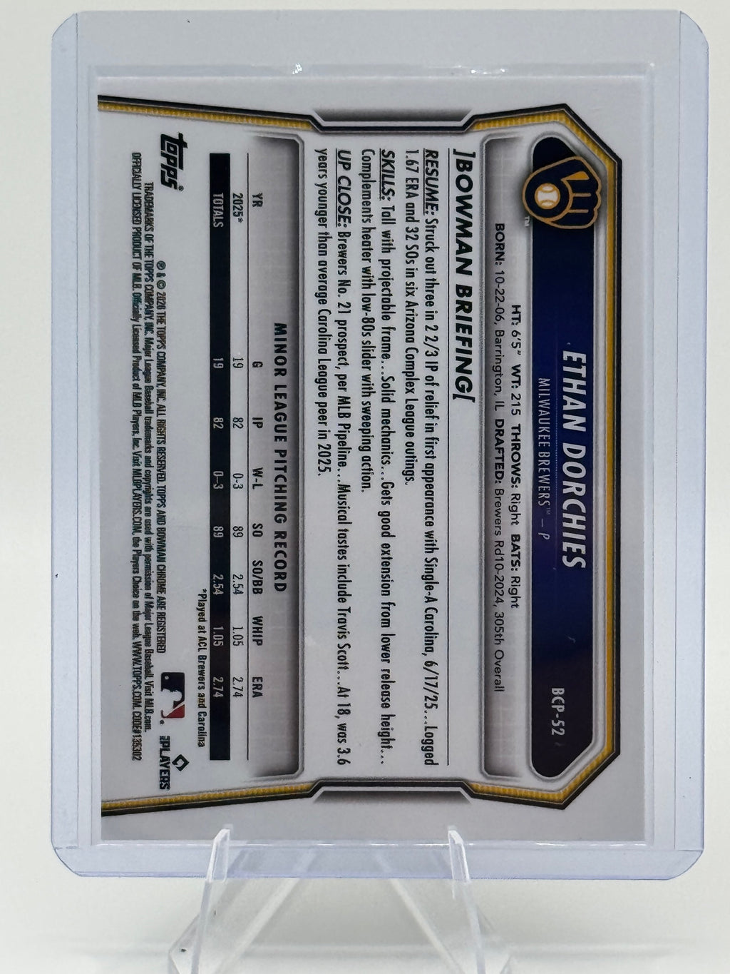 2026 Bowman Ethan Dorchies #BCP-52 Chrome Prospects Lazer Refractor Brewers NM