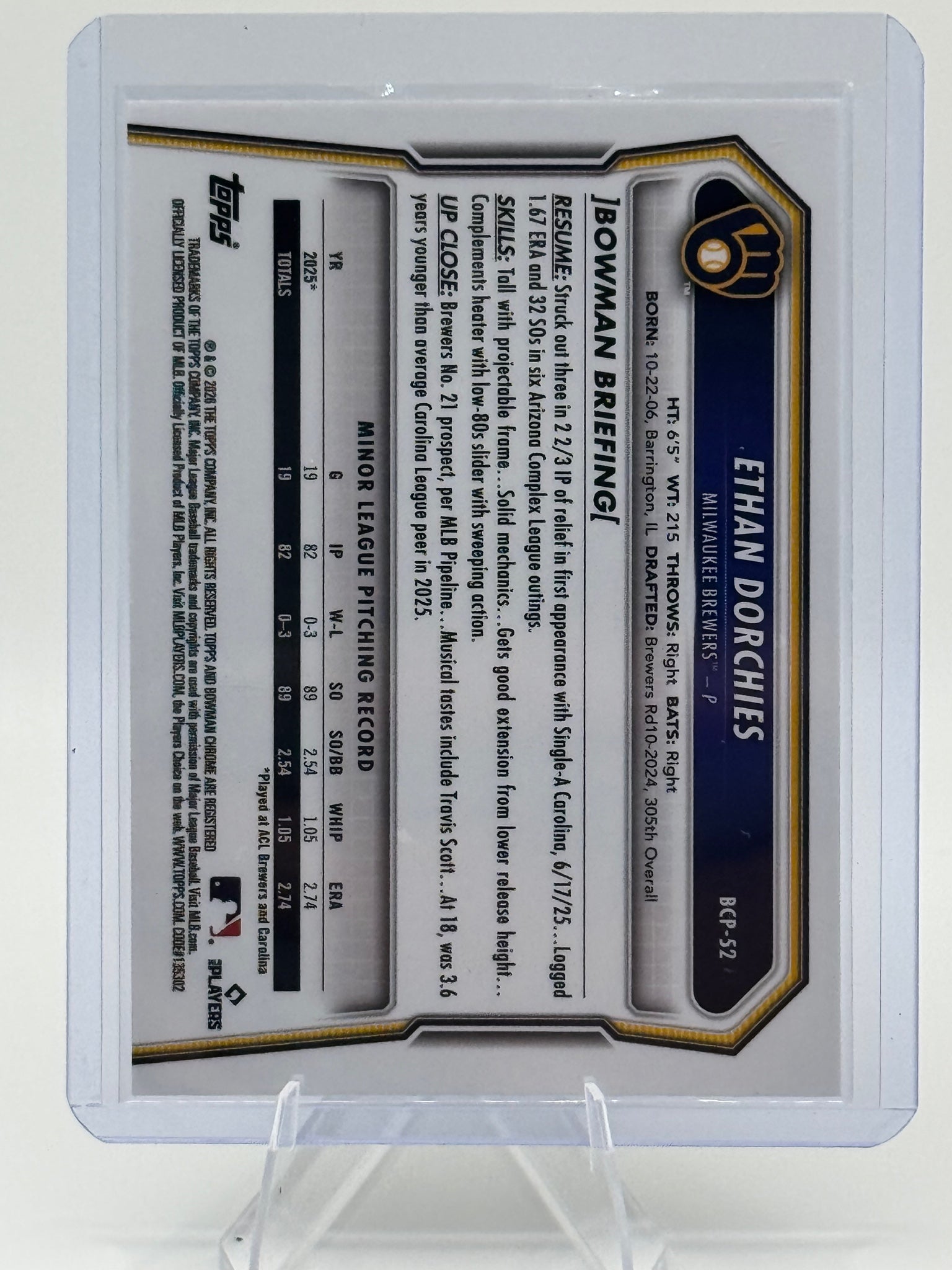 2026 Bowman Ethan Dorchies #BCP-52 Chrome Prospects Lazer Refractor Brewers NM