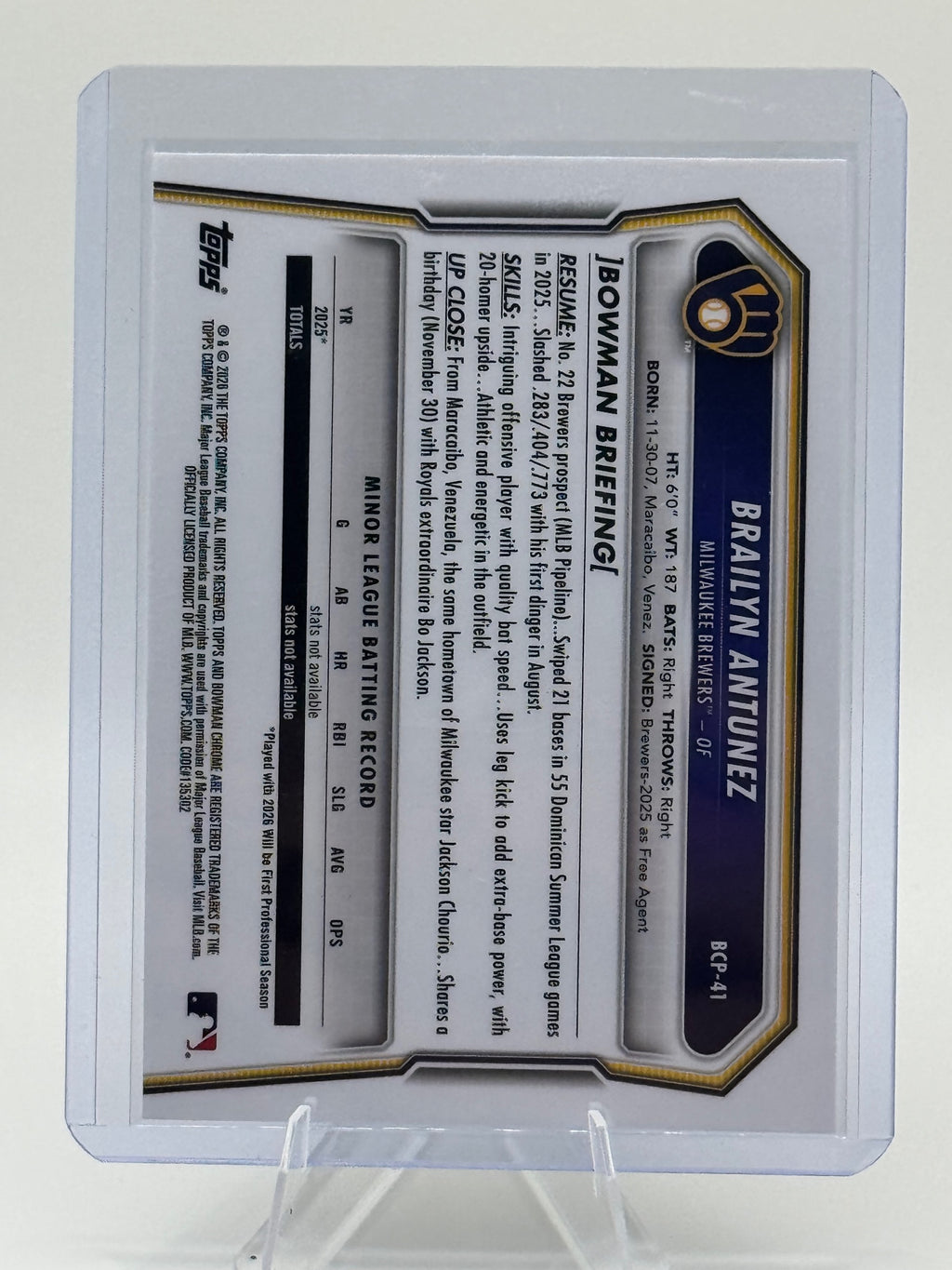 2026 Bowman Brailyn Antunez #BCP-41 Chrome Prospects Lazer Refractor Brewers NM