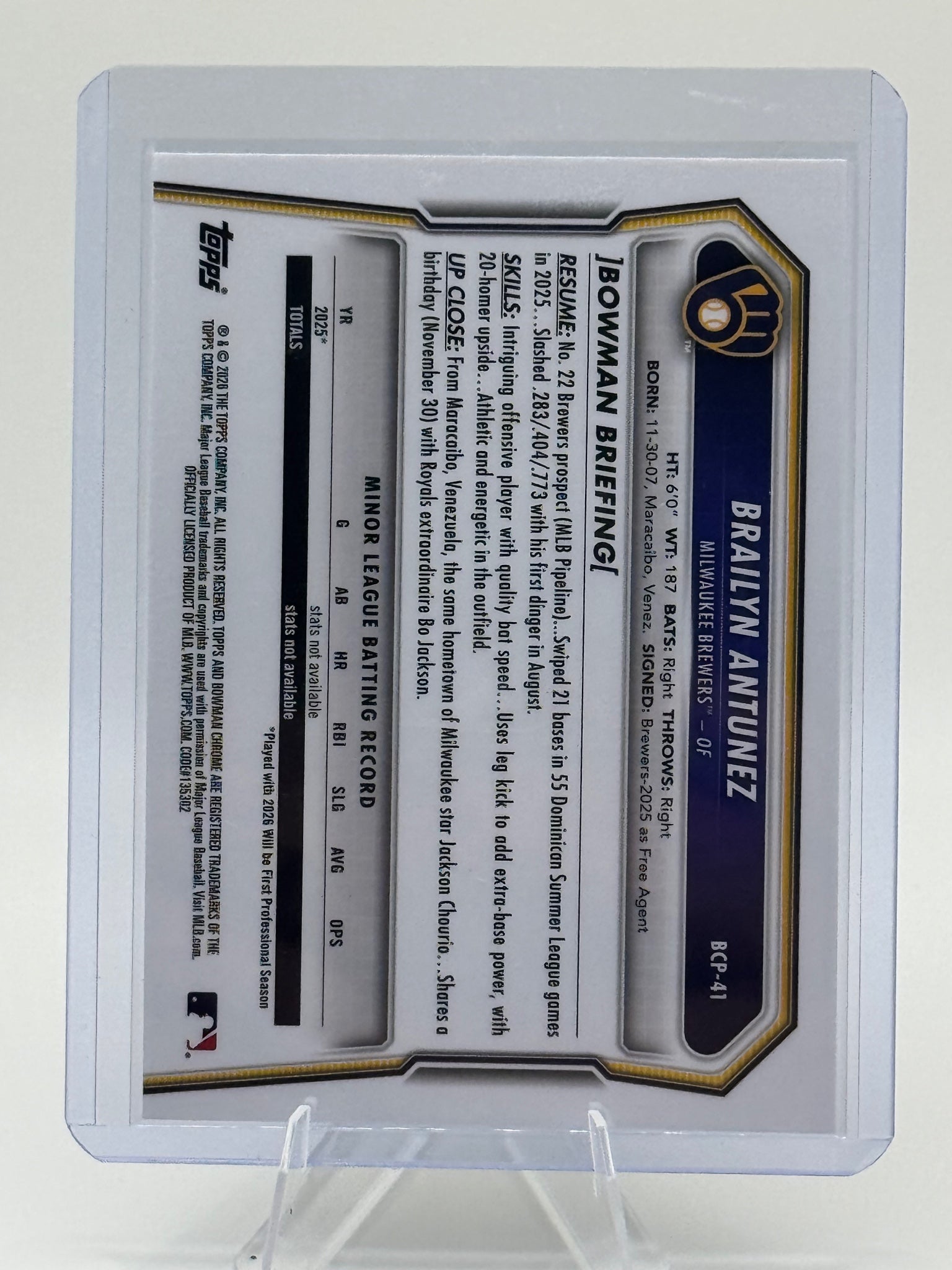 2026 Bowman Brailyn Antunez #BCP-41 Chrome Prospects Lazer Refractor Brewers NM