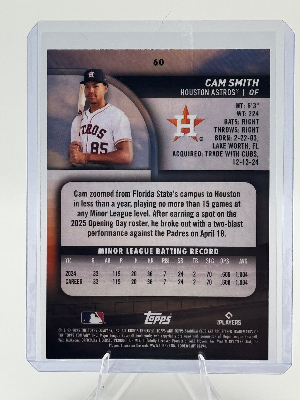 2025 Stadium Club Cam Smith #60 Houston Astros Near Mint or Better