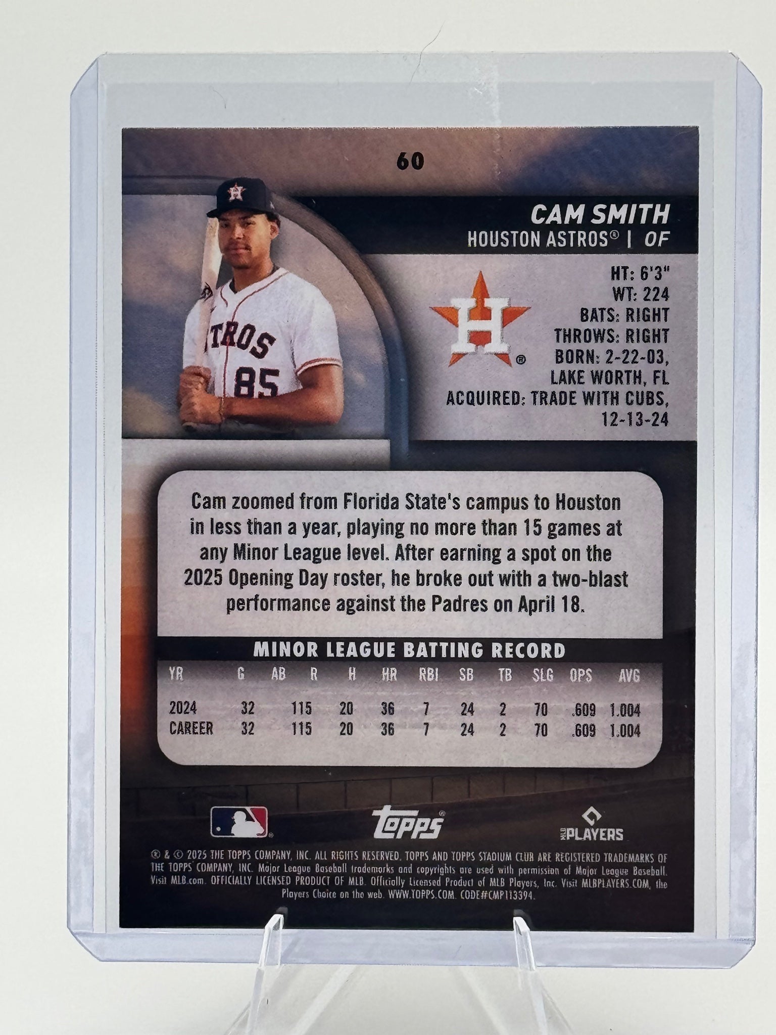 2025 Stadium Club Cam Smith #60 Houston Astros Near Mint or Better