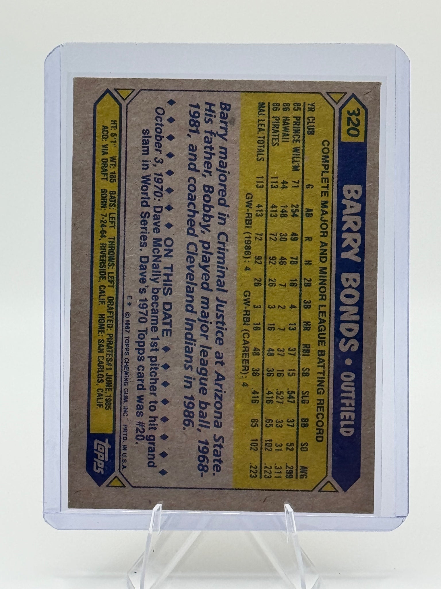 1987 Topps Barry Bonds #320 Pittsburgh Pirates Near Mint or Better