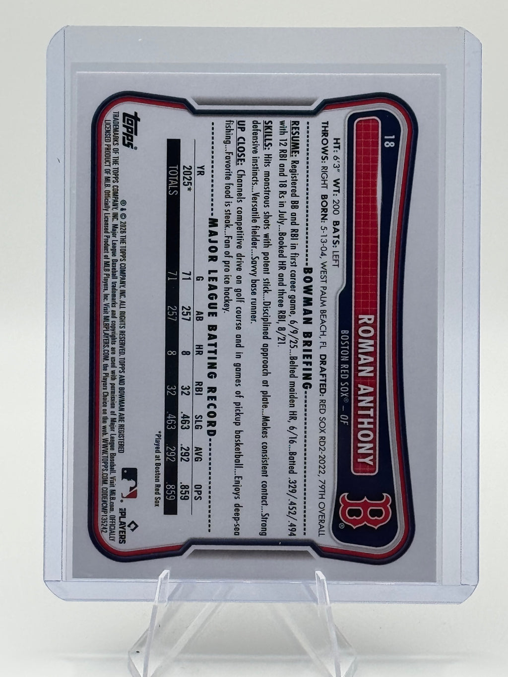 2026 Bowman Roman Anthony #18 Boston Red Sox Near Mint or Better
